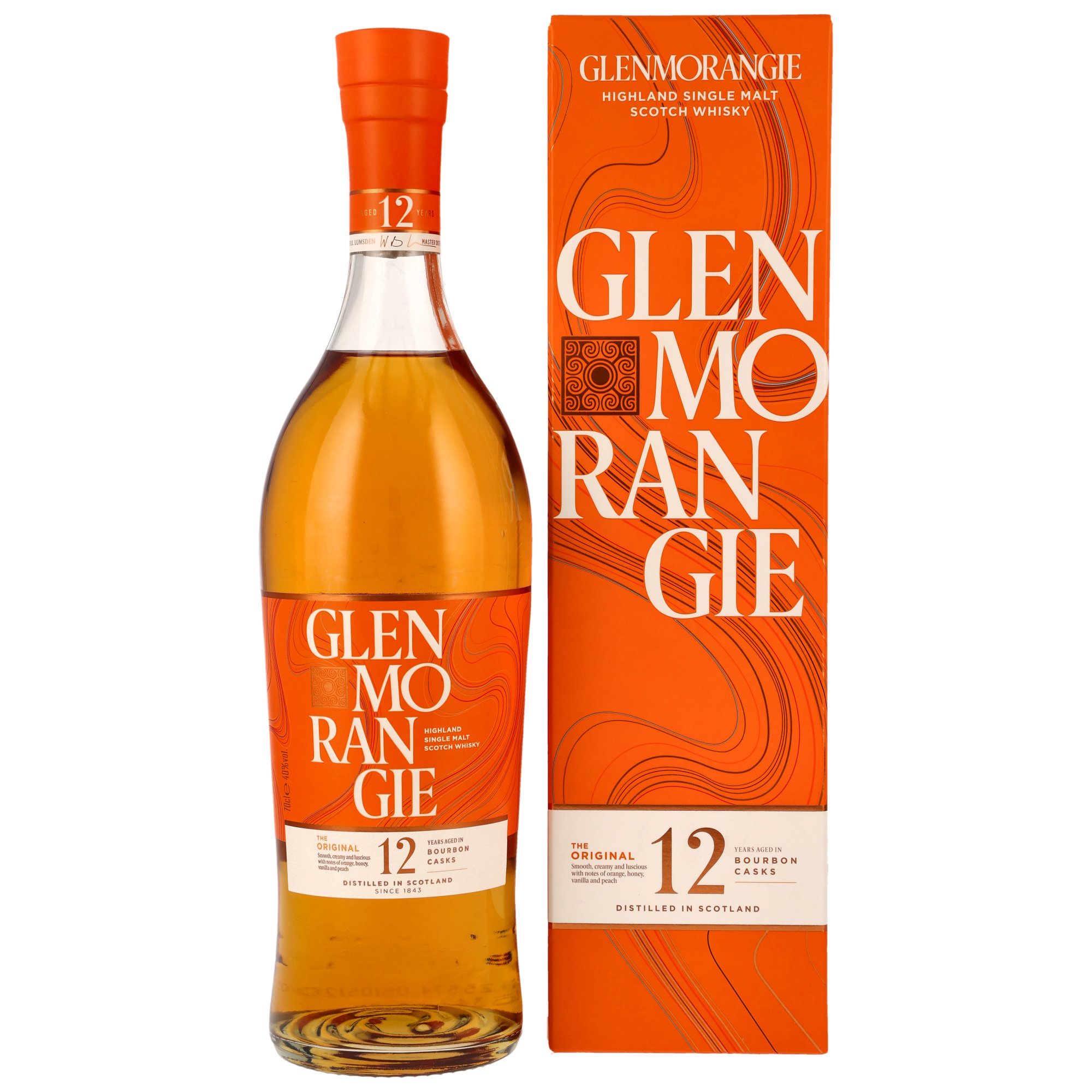Glenmorangie Original 12 Jahre Highland Single Malt Scotch Whisky in 700ml-Flasche mit orangefarbenem Karton und Korkverschluss