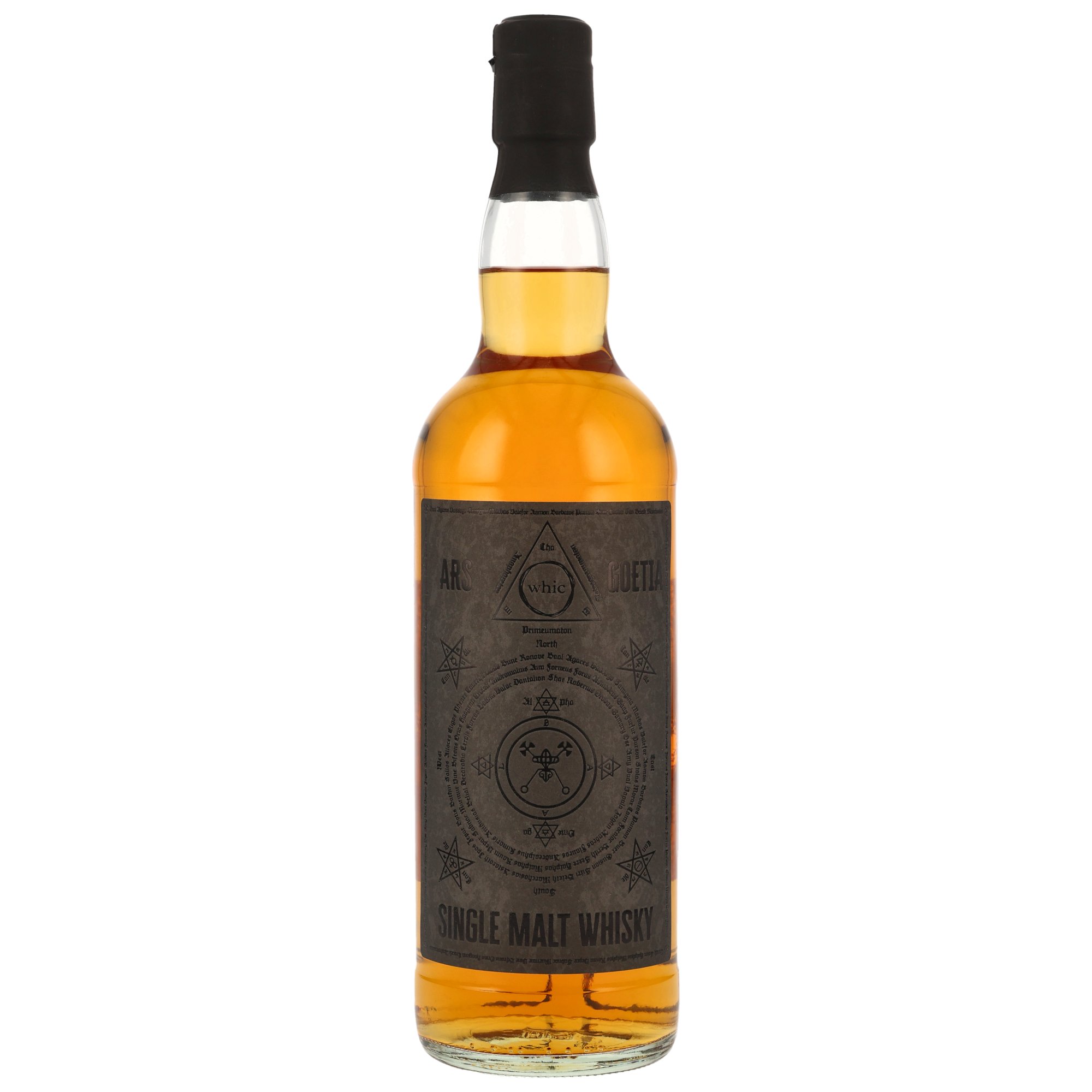 Ars Goetia Single Malt Whisky mit okkulten Symbolen und schwarzem Etikett in klassischer 700ml-Flasche