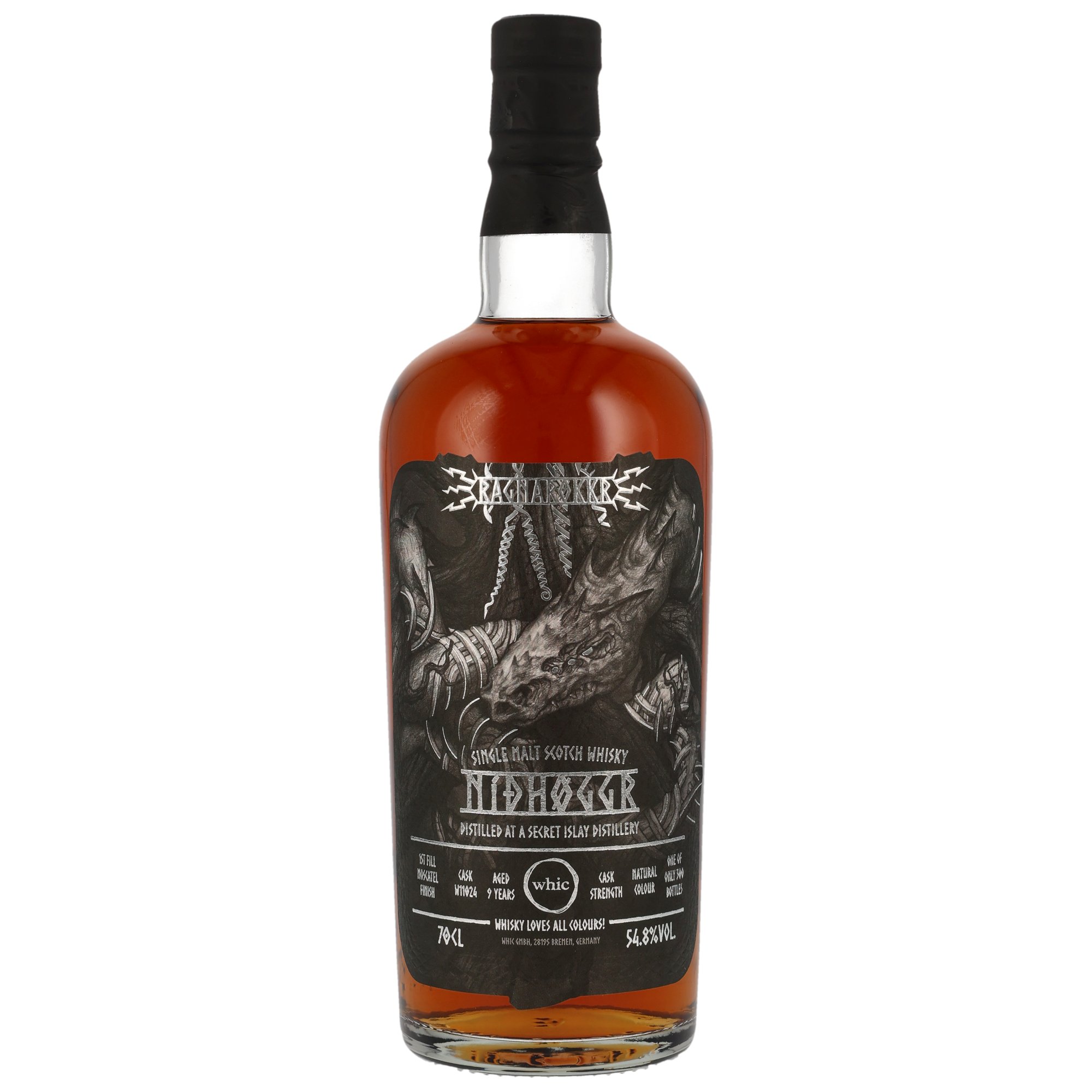 Ragnarökkr Nidhoggr Single Malt Scotch Whisky 9 Jahre Islay Cask Strength 54,8% mit Drachen-Etiketten-Design 70cl