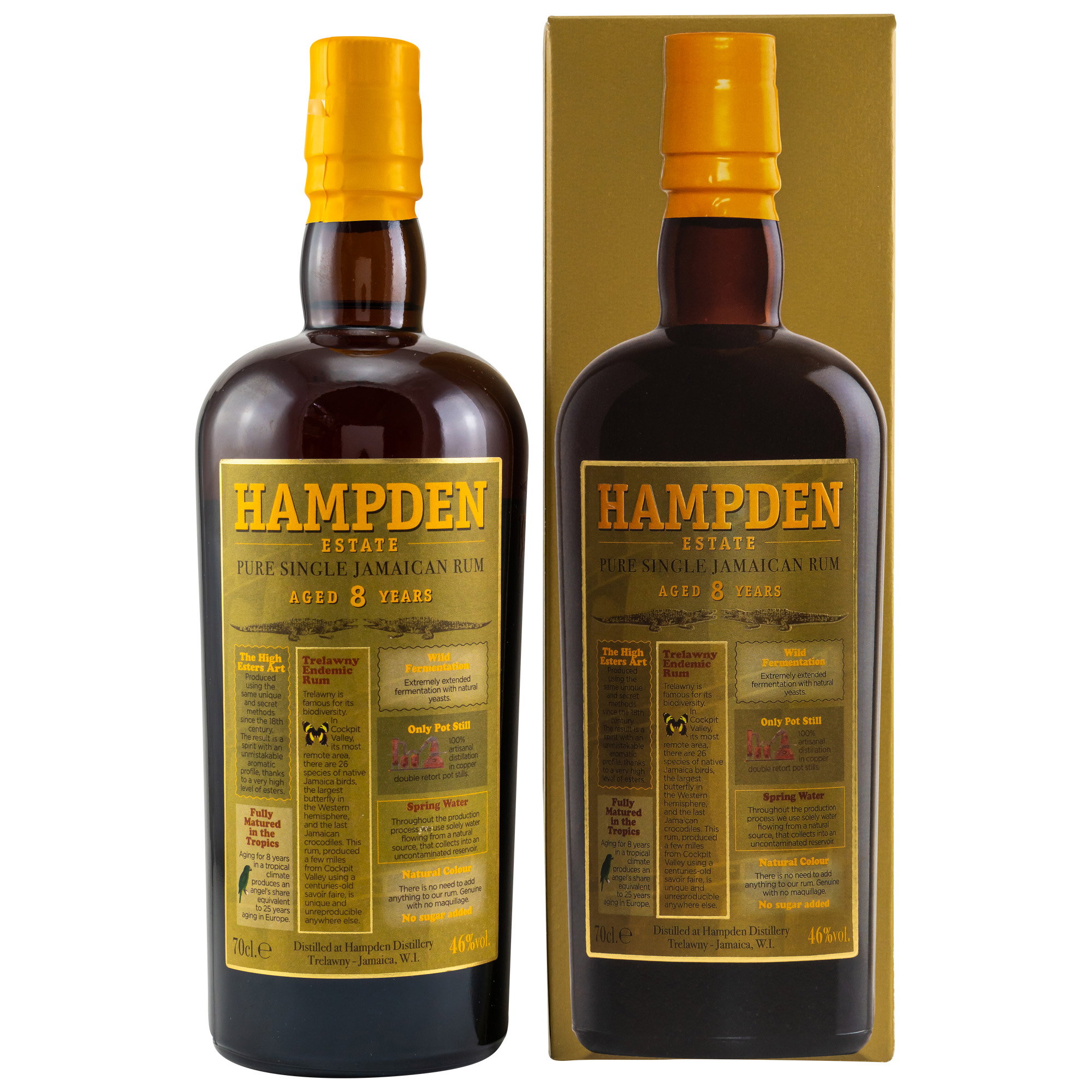 Hampden Estate Pure Single Jamaican Rum 8 Jahre alt mit goldener Verpackung und Korkenverschluss, 70cl, 46% vol