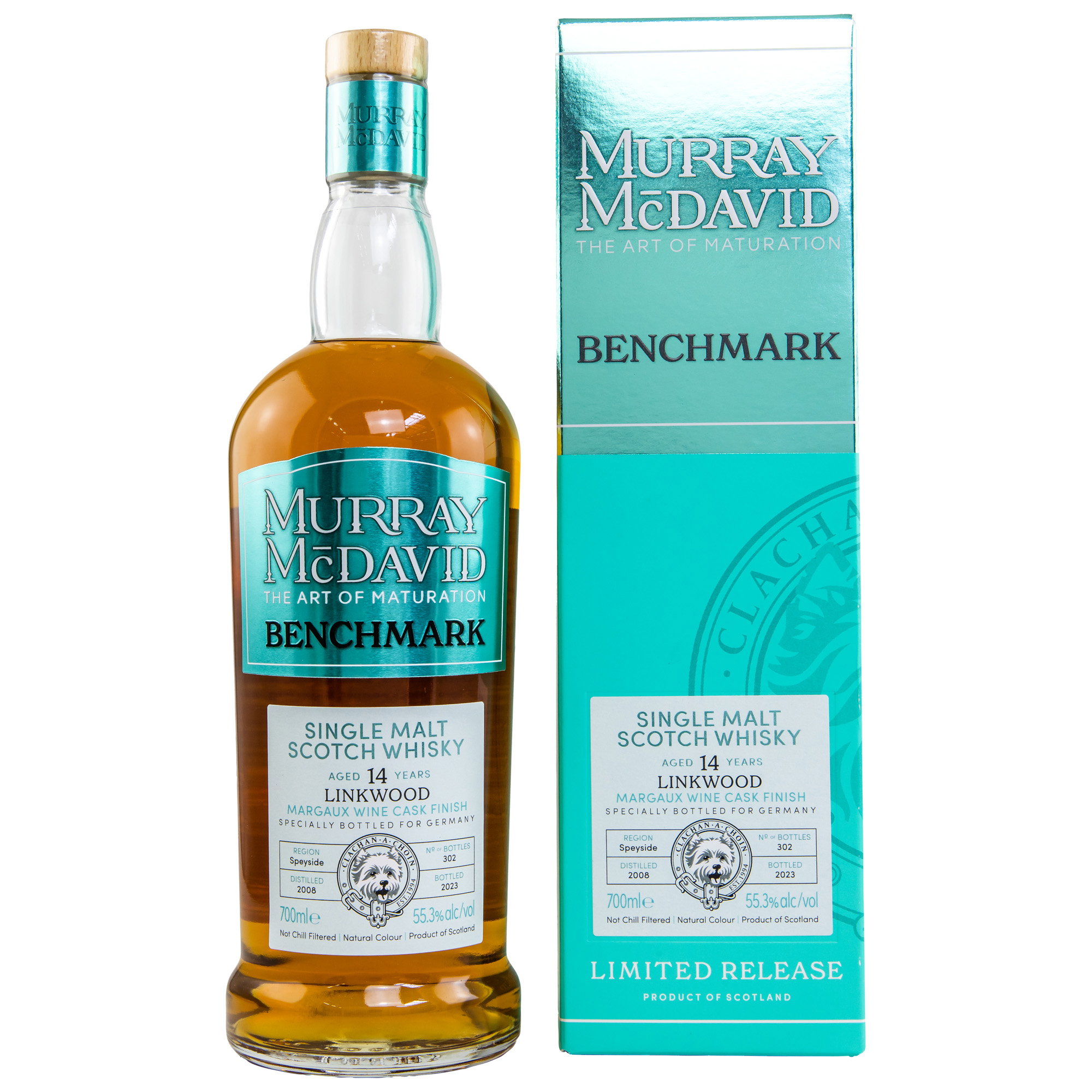 Murray McDavid Benchmark Linkwood 14 Jahre Single Malt Scotch Whisky Margaux Wine Cask Finish 700ml in türkiser Premium-Verpackung