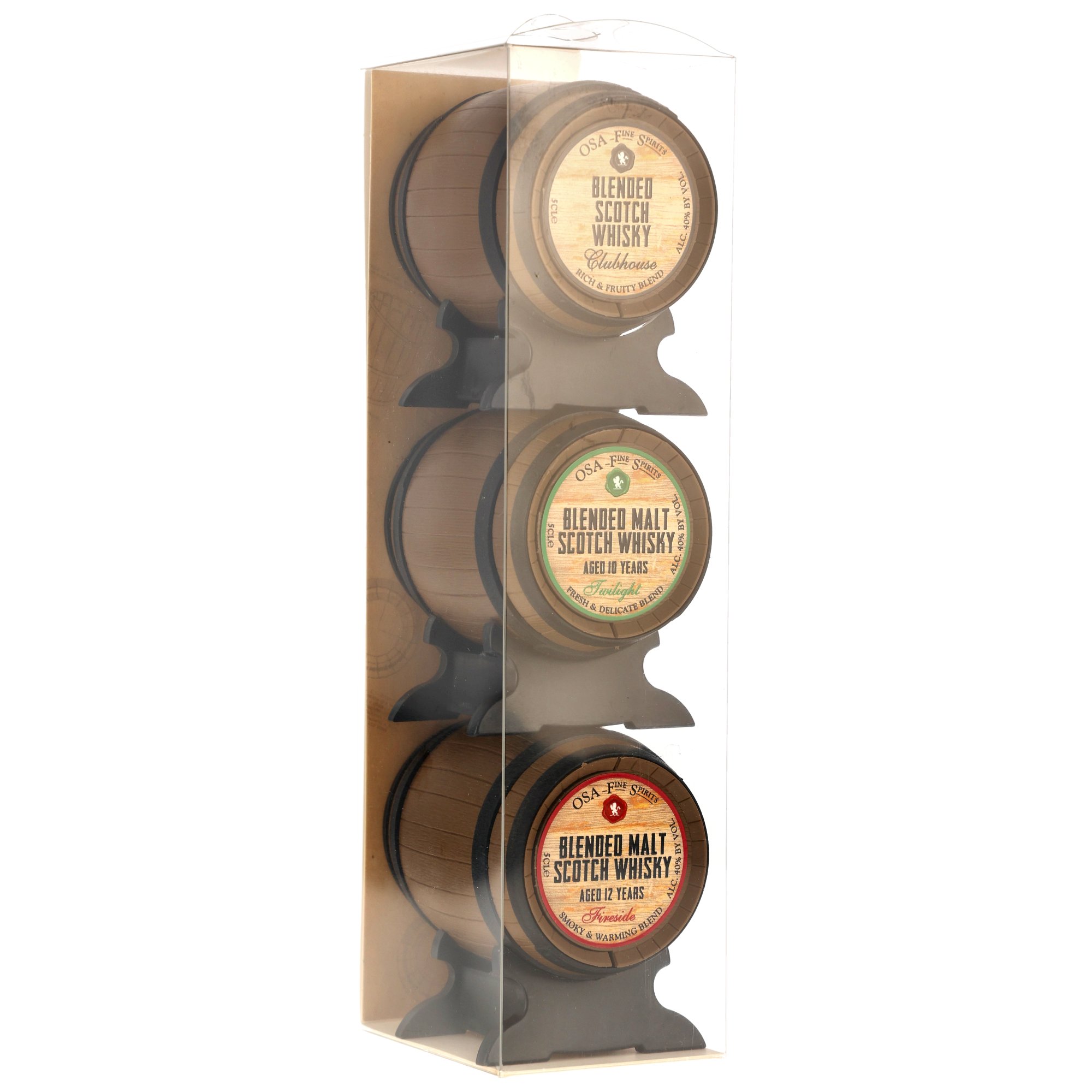 O.S.A Fine Spirits Blended Scotch Whisky Triplet-Set mit 5cl Clubhouse, 10 Jahre Twilight und 12 Jahre Fireside in transparenter Sammelbox