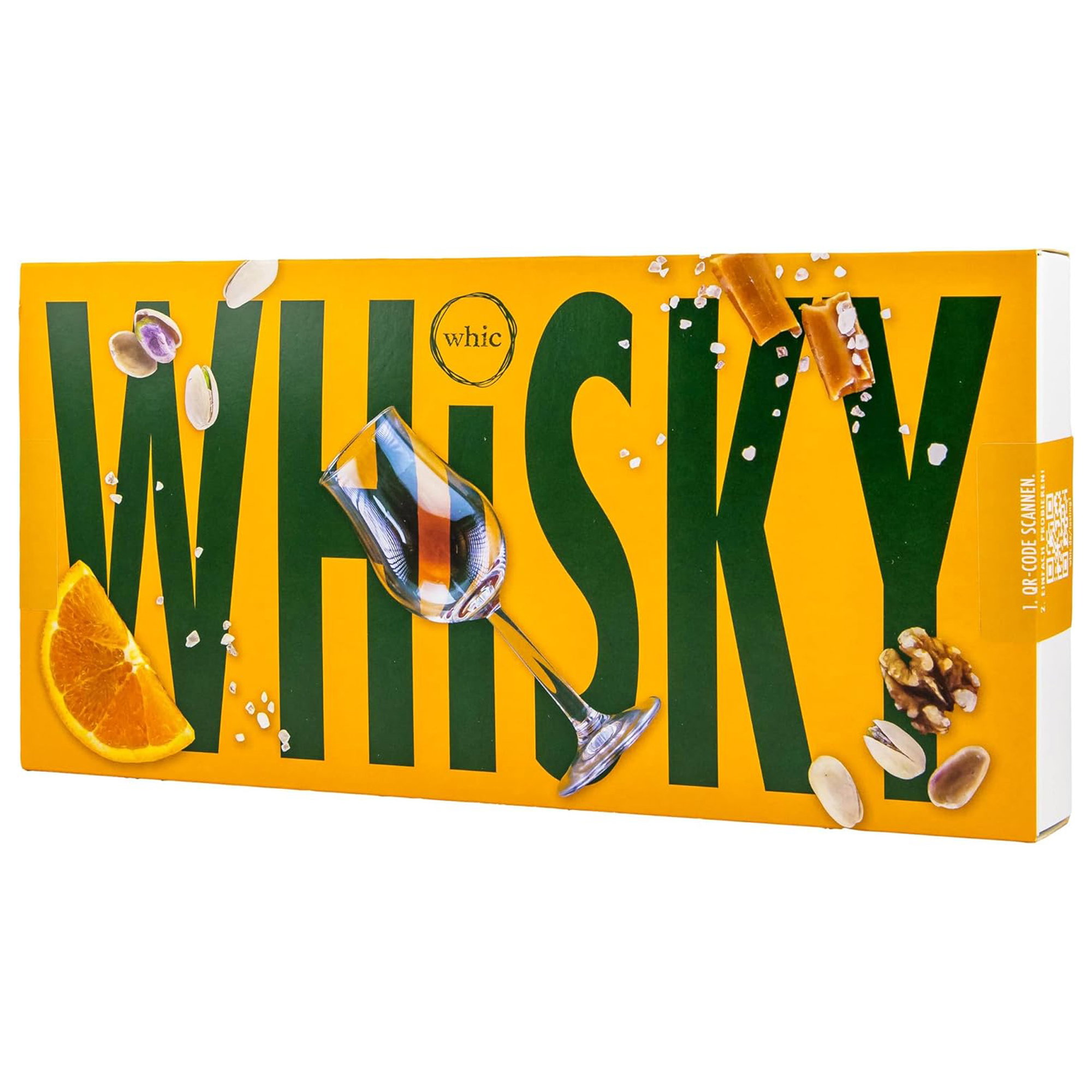 whic Whisky-Adventskalender mit 24 Premium-Whisky-Miniaturen, umrahmt von Nüssen, Karamellbonbons und Orangenscheibe in gelb-schwarzem Design
