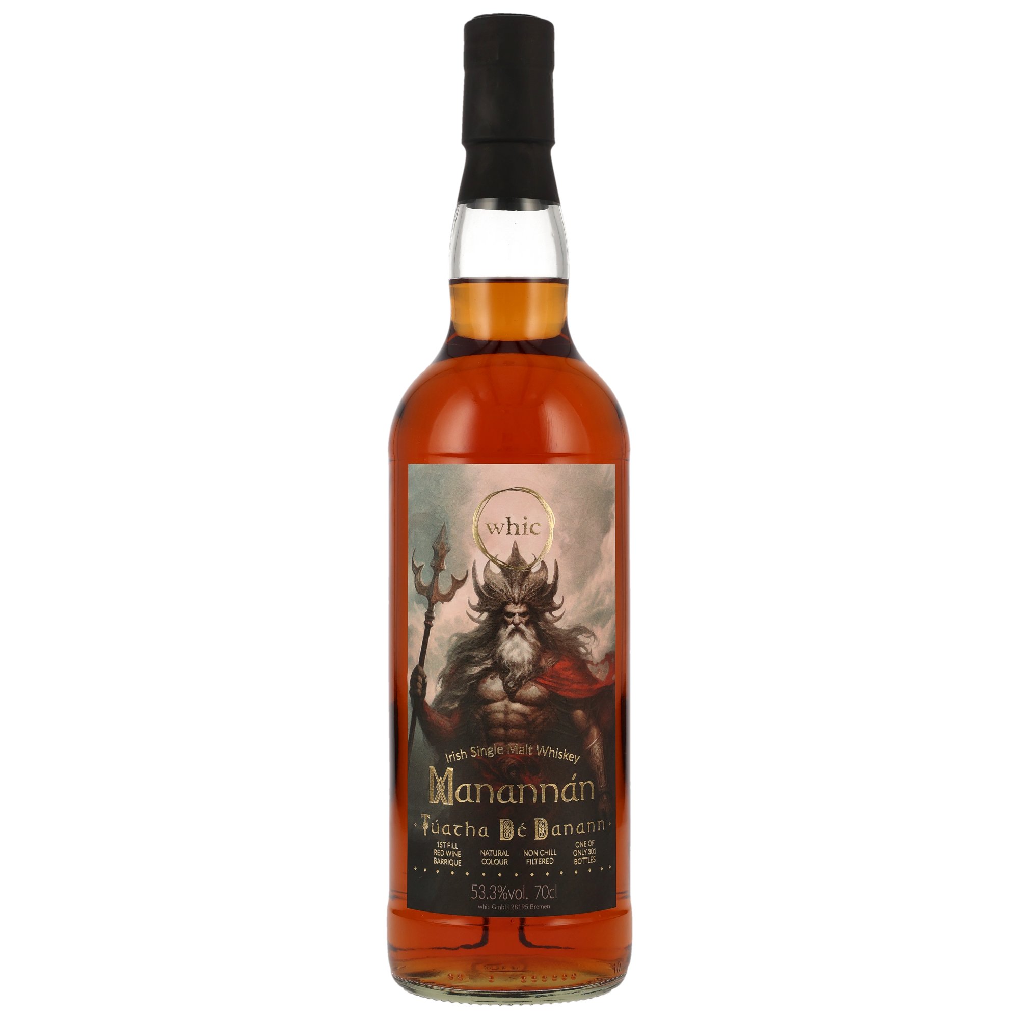 whic Manannán Tuatha Dé Danann Irish Single Malt Whisky 53,3% Vol. 70cl mit mythologischem Etikett und 1st Fill Red Wine Barrique-Reifung
