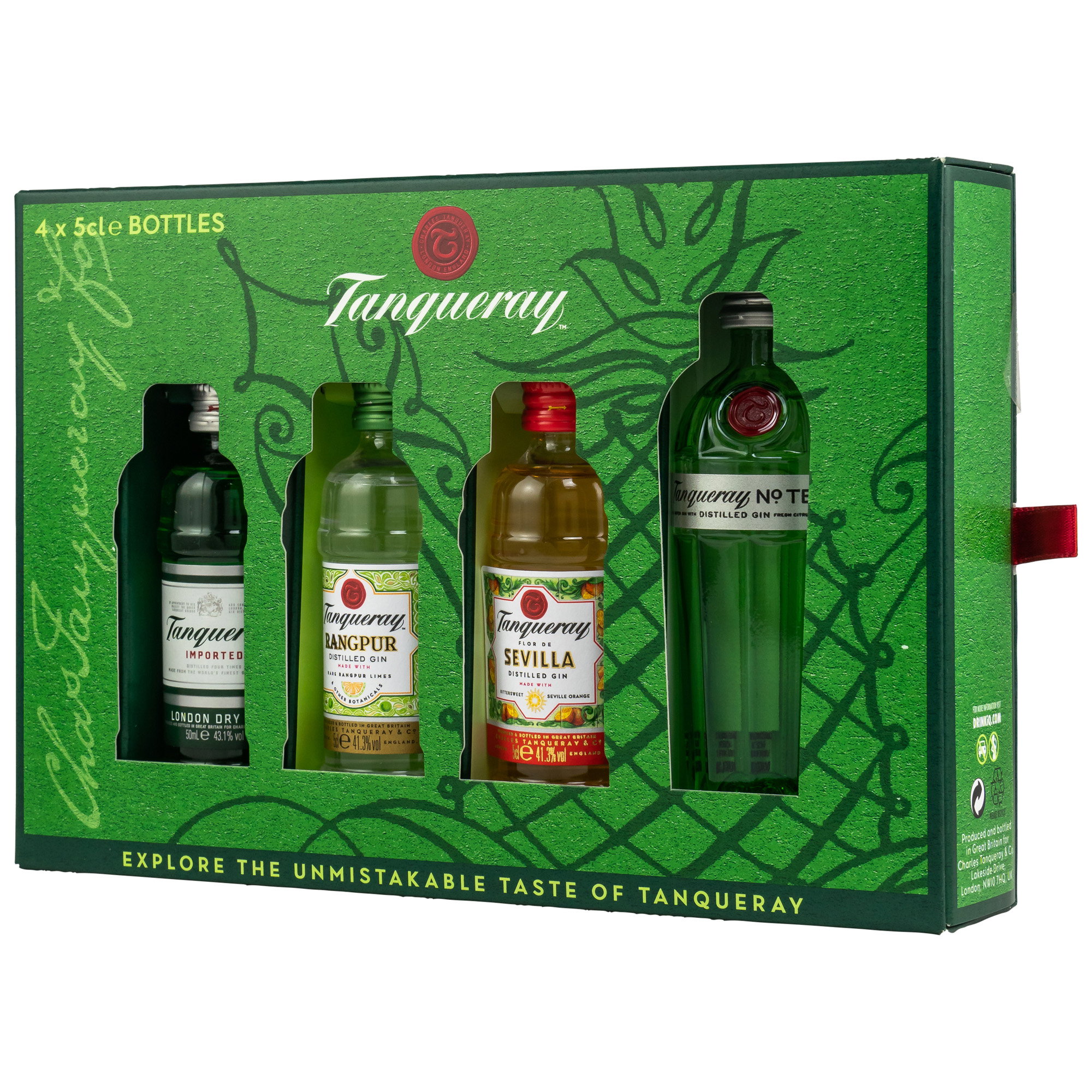 Tanqueray Gin-Sortiment mit 4 x 5cl Flaschen: Tanqueray London Dry, Tanqueray Rangpur, Tanqueray Sevilla und Tanqueray No. TEN in grüner Geschenkbox