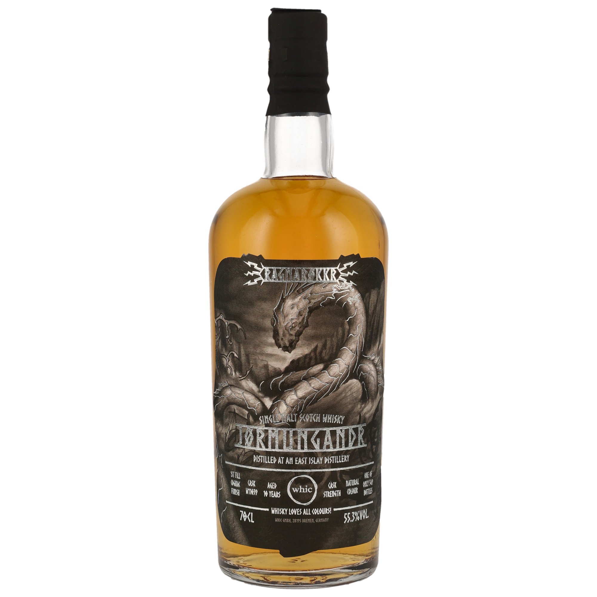 Jörmungandr Ragnarök Islay Single Malt Scotch Whisky 10 Jahre Cask Strength 55,3% vol. mit 70cl-Flasche und Wikinger-Drachen-Etikettenmotiv