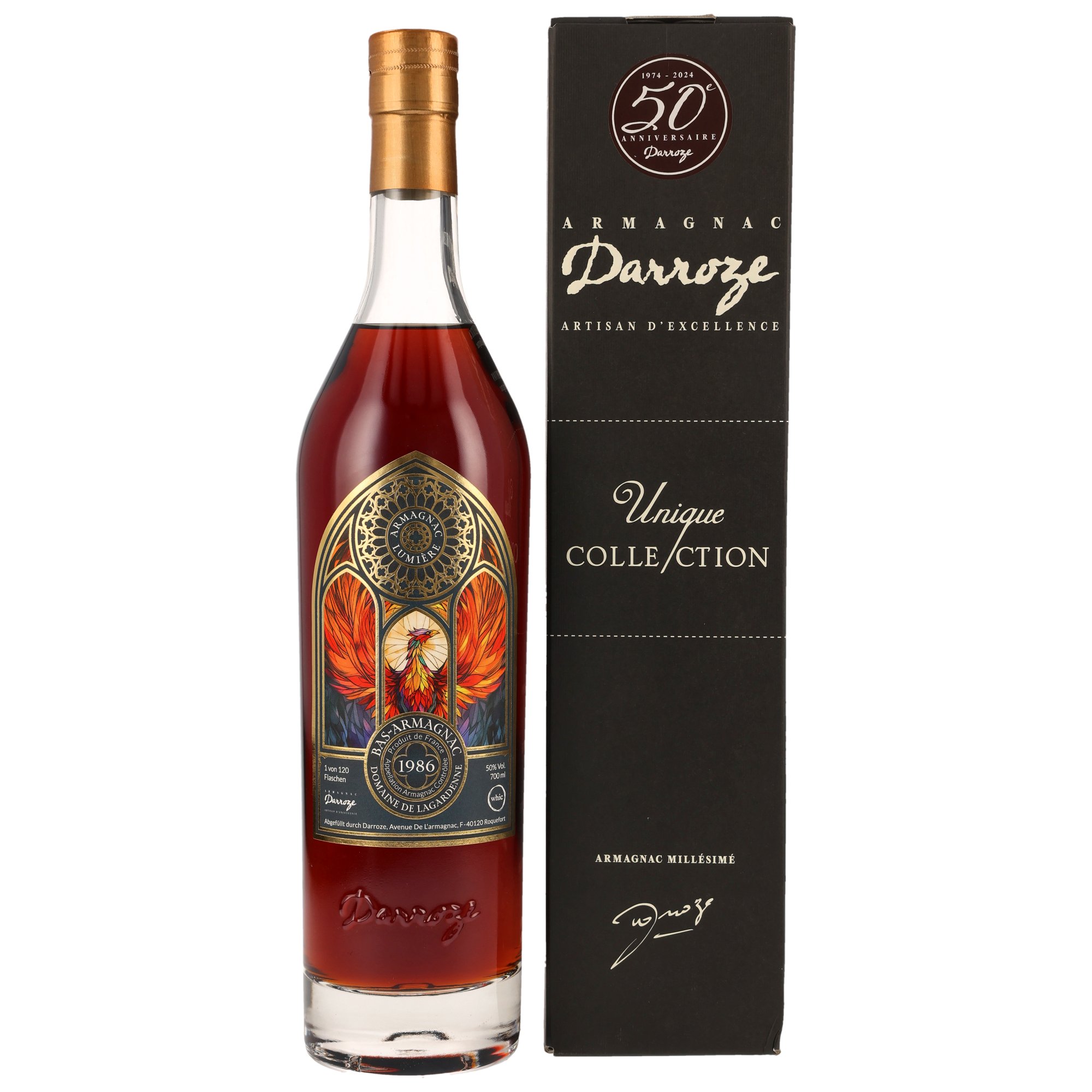 Darroze Bas-Armagnac 1986 Lumière 50-jähriges Jubiläum 49,3% Vol. in limitierter Unique Collection Geschenkbox mit goldener Rosenverzierung