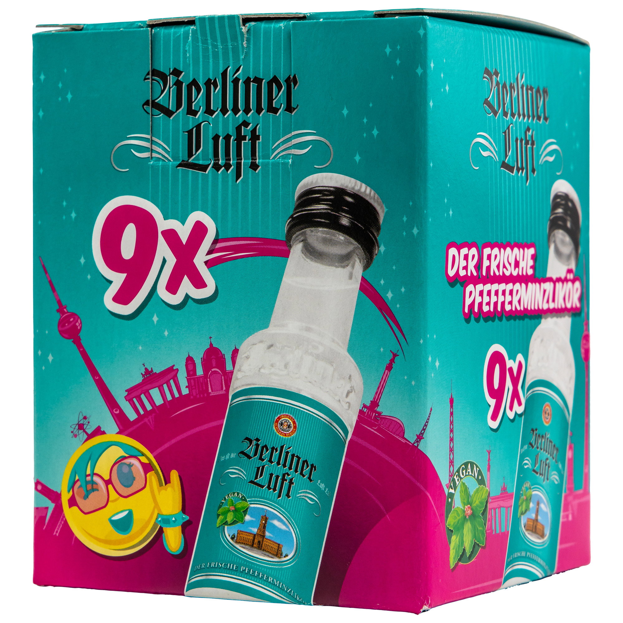 Berliner Luft Pfefferminzlikör 9x Pack mit Berlin-Motiv und türkiser Geschenkboxverpackung