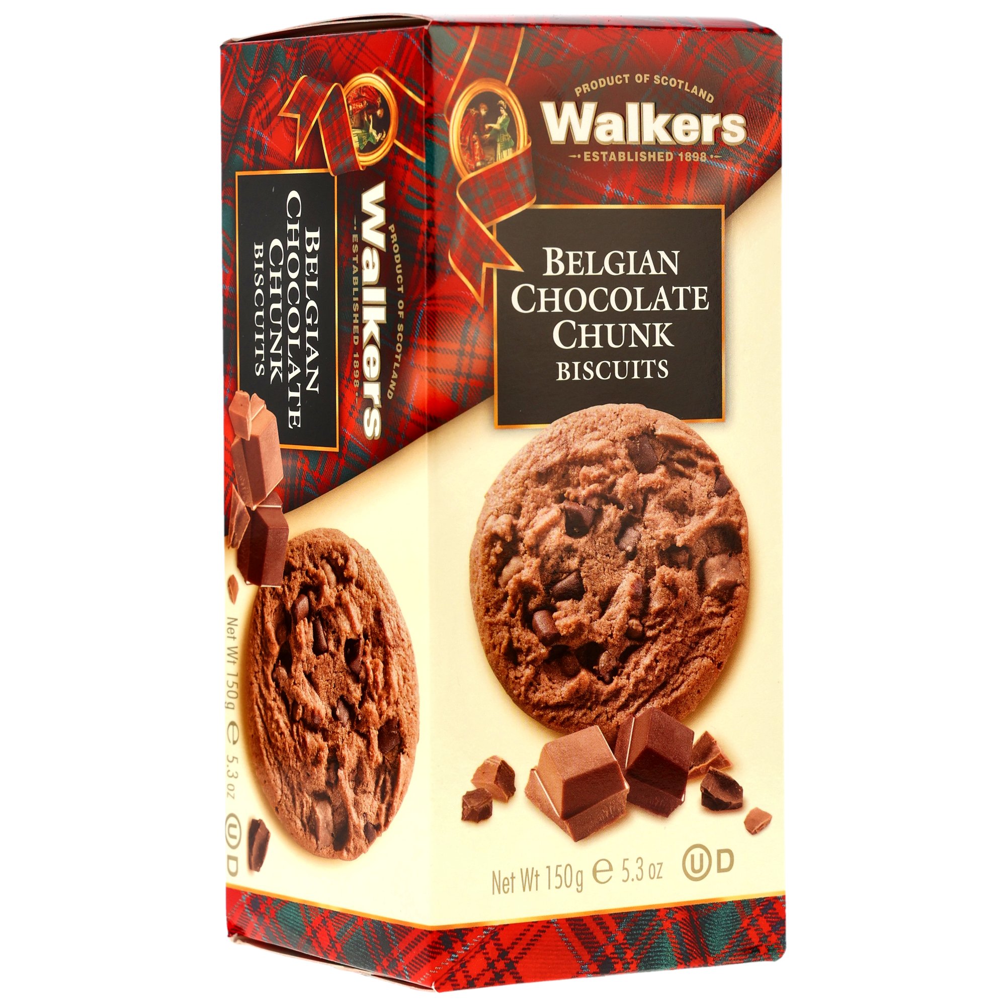 Walkers Belgian Chocolate Chunk Biscuits Verpackung mit Schokoladenstückchen und Keksen im Premium-Design
