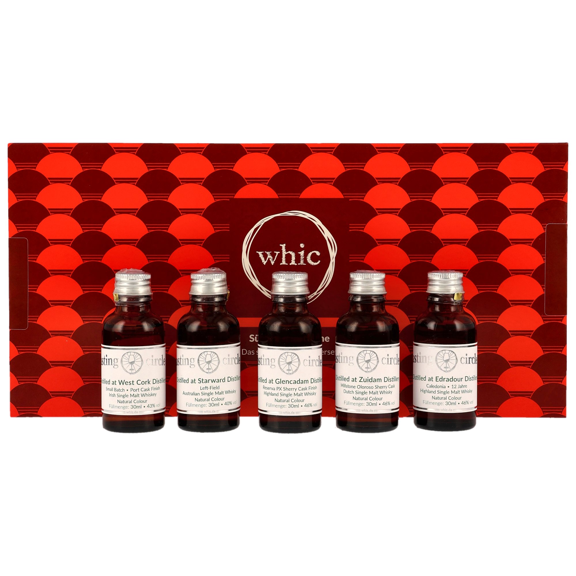 Tasting Circle Whisky-Set mit 5 Premium Single Malt Destillaten aus West Cork, Starward, Glencadam, Zuidam und Edradour in 30ml-Probenflaschen vor rotem Schuppendesign-Hintergrund