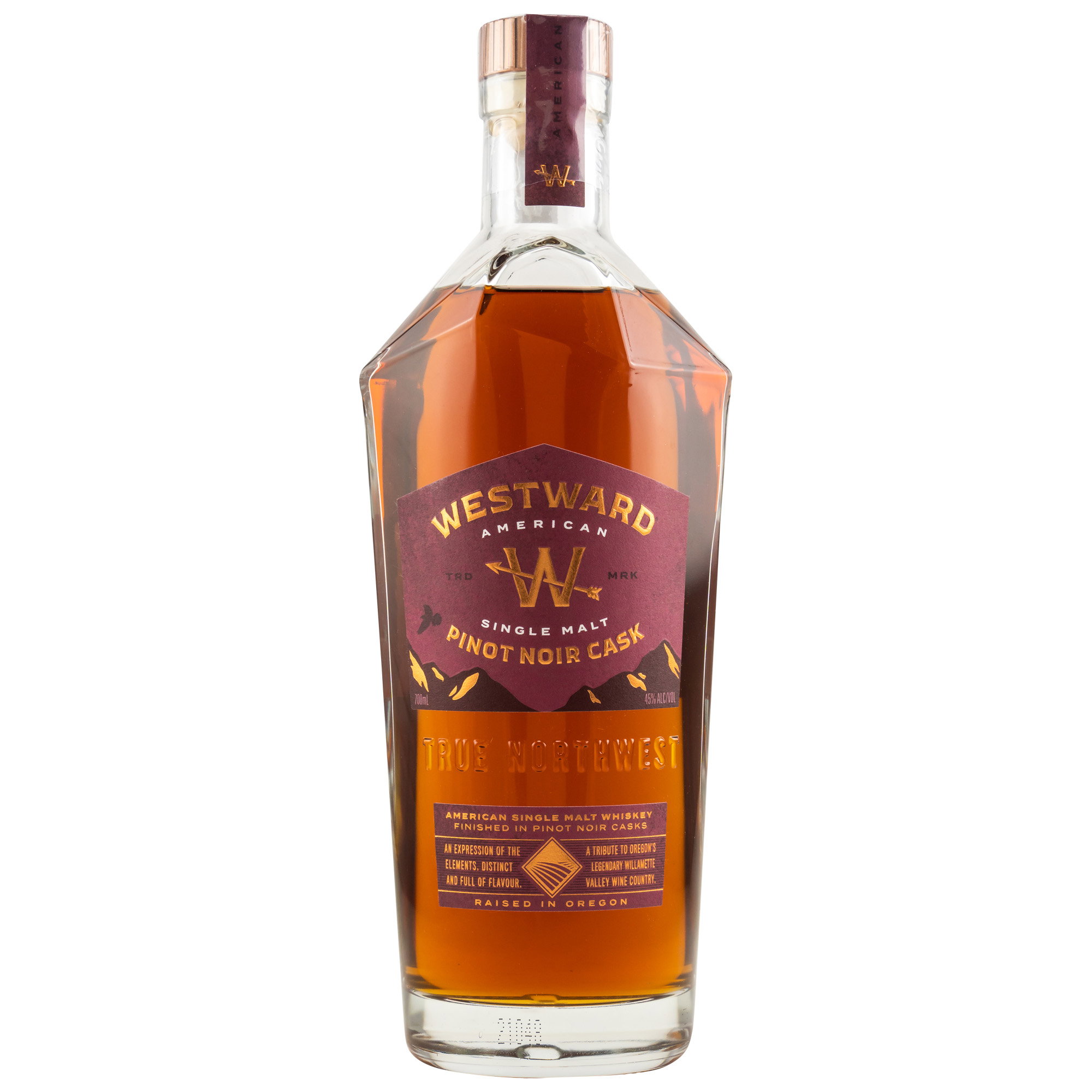Westward American Single Malt Pinot Noir Cask Finish Whisky, 45% vol, 0,7l in burgunder Etikettenoptik