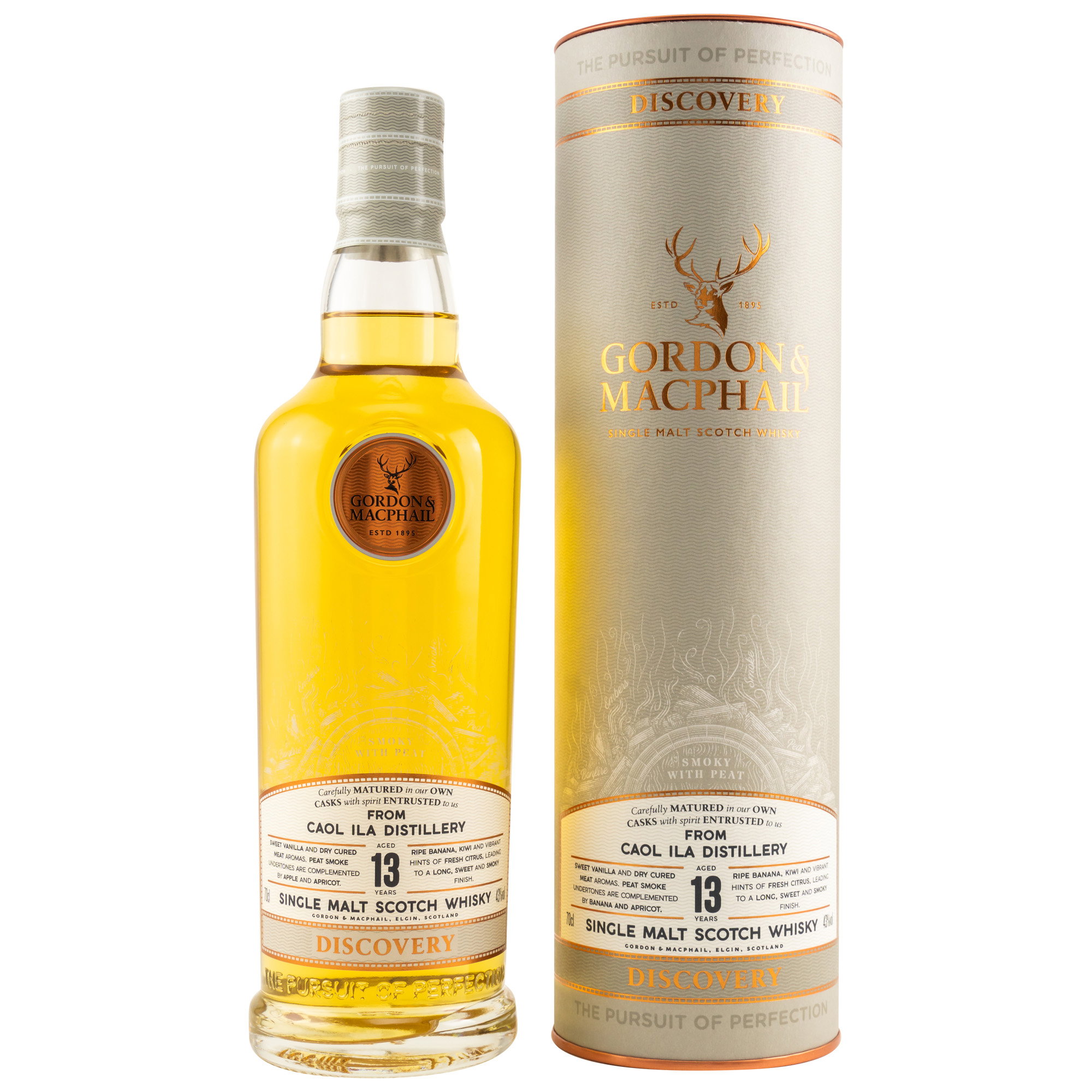 Gordon & MacPhail Discovery Caol Ila 13 Jahre Single Malt Scotch Whisky in Tube mit goldener Etikettierung und 43% Vol.