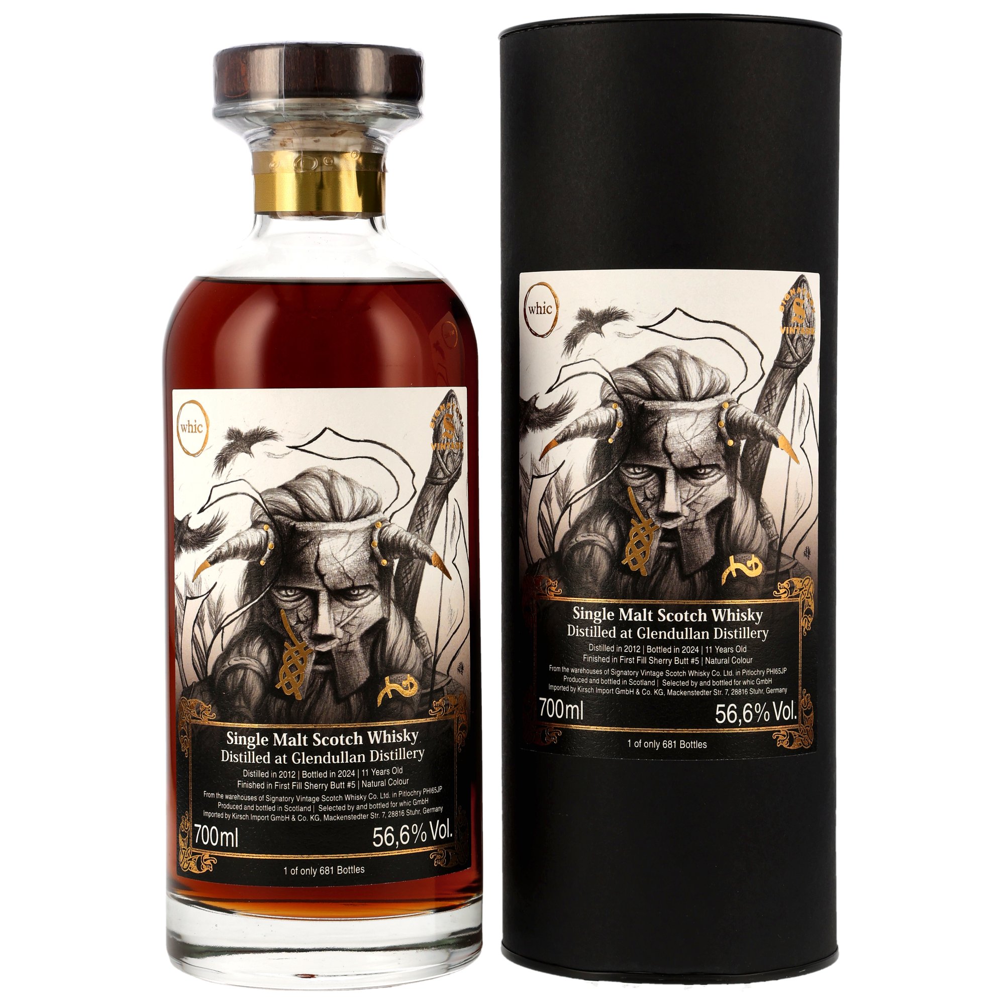 Glendullan Distillery 11 Jahre alter Single Malt Scotch Whisky 2012/2024 First Fill Sherry Butt #5 Edition 56,6% Vol. in schwarzer Tube mit limitierter Illustration