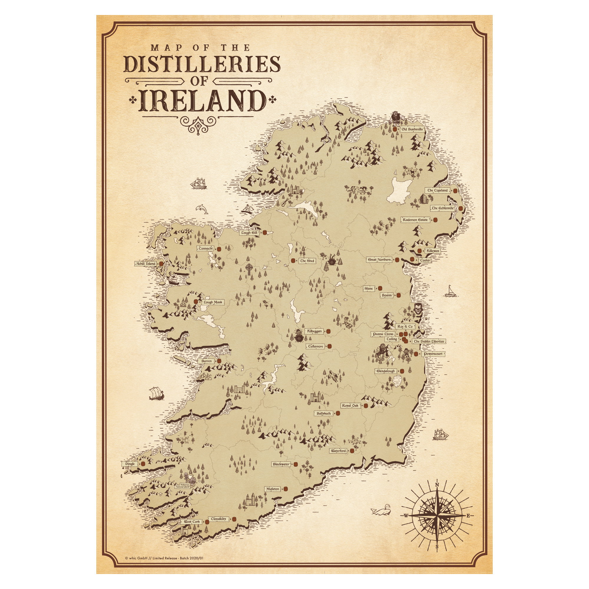 Vintage-Karte der irischen Whiskey-Destillerien mit historischen Illustrationen und markierten Standorten wie Old Bushmills, Kilbeggan und Midleton