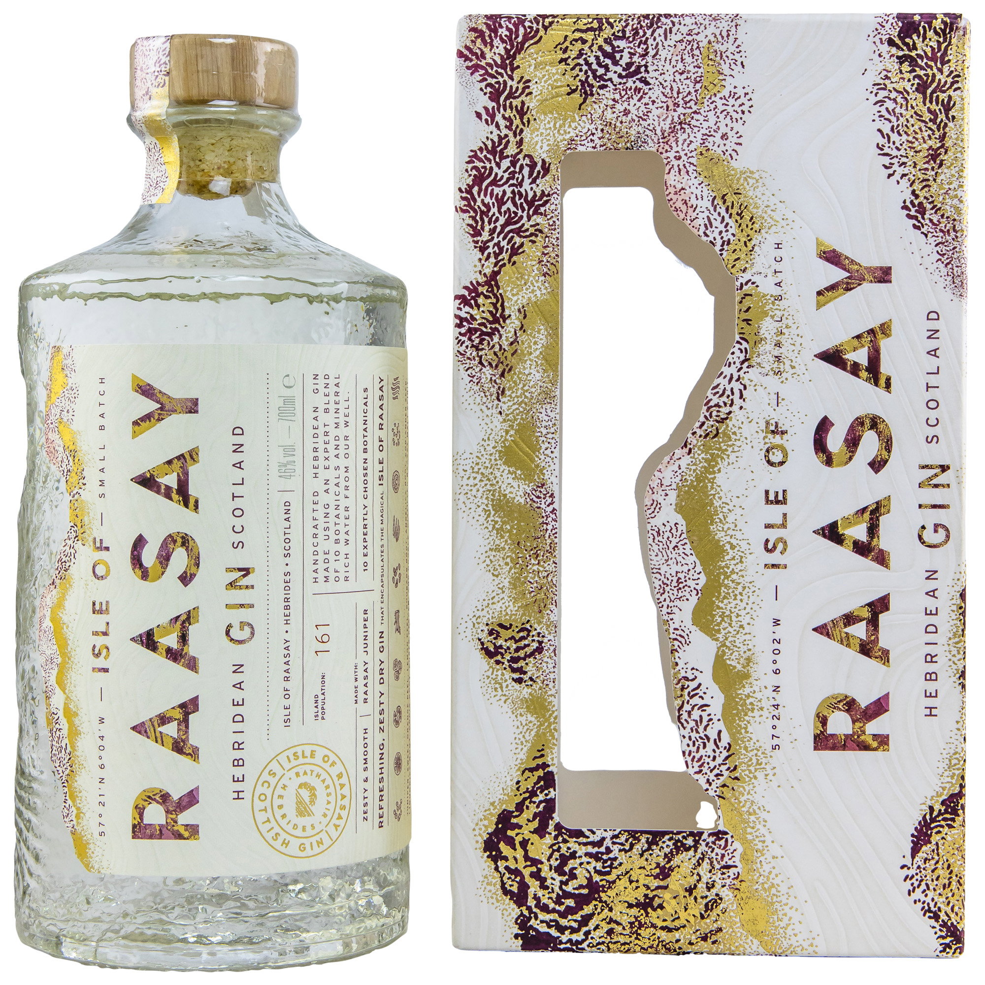 Isle of Raasay Hebridean Gin Scottish Premium Ginflasche 46% vol. mit Korkenverschluss und Insel-Motiv-Verpackung