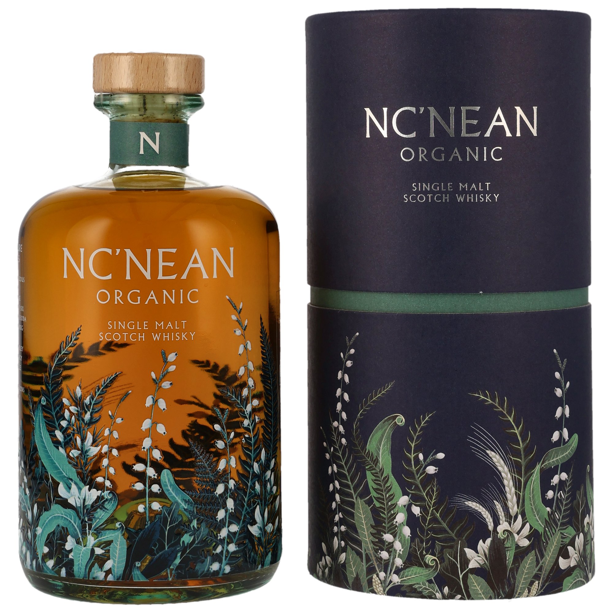 Nc'nean Organic Single Malt Scotch Whisky in dunkler Tube mit botanischem Design und Korkenverschluss