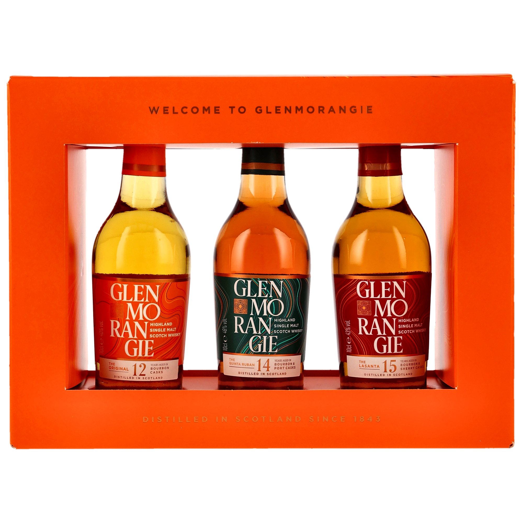Glenmorangie Original 12yo, Quinta Ruban 14yo und Lasanta 15yo Highland Single Malt Scotch Whisky Triplet in oranger Geschenkbox, 0,7l