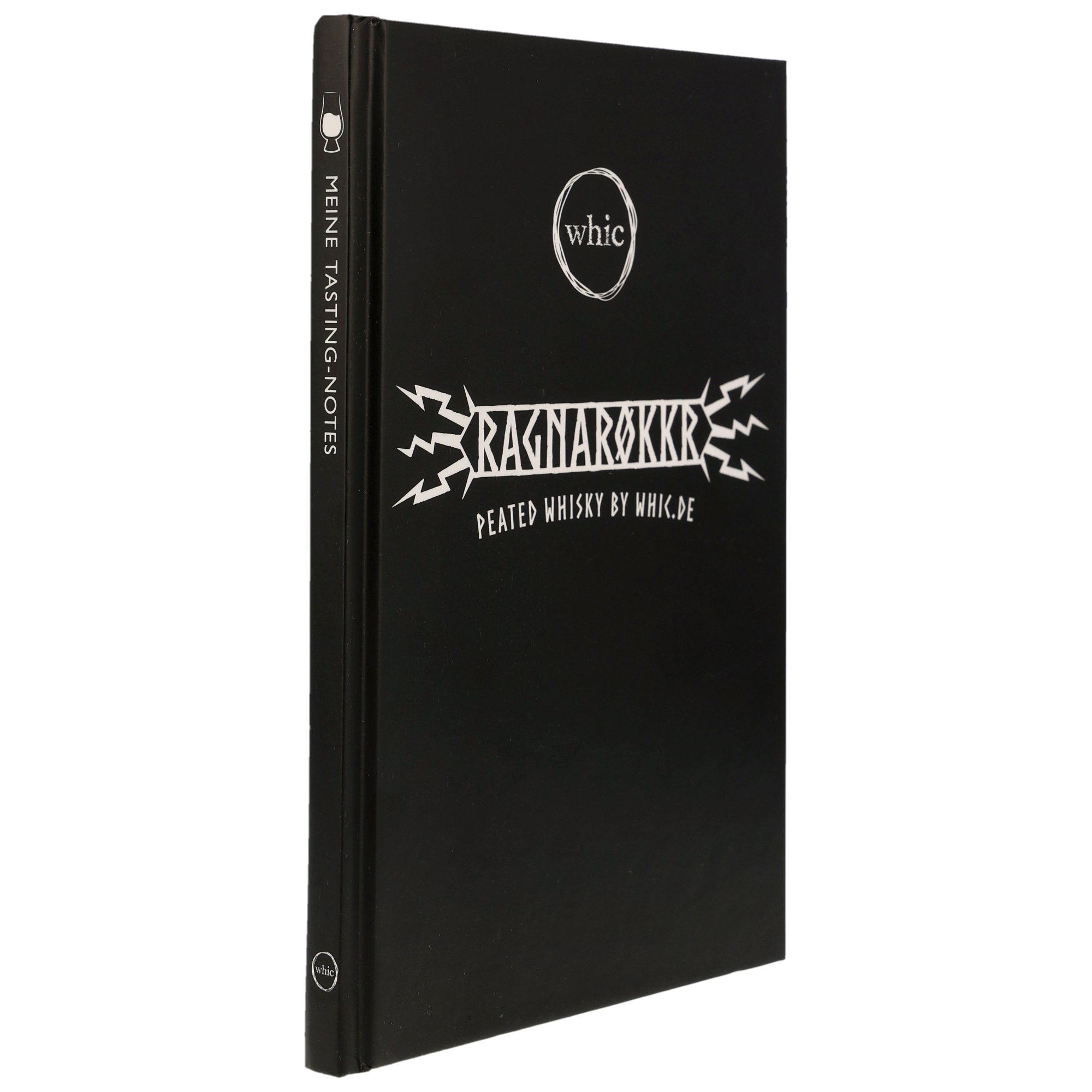 Exklusives Ragnarökkr Peated Whisky Tasting-Notizbuch von whic.de mit schwarzem Hardcover und Blitz-Logo