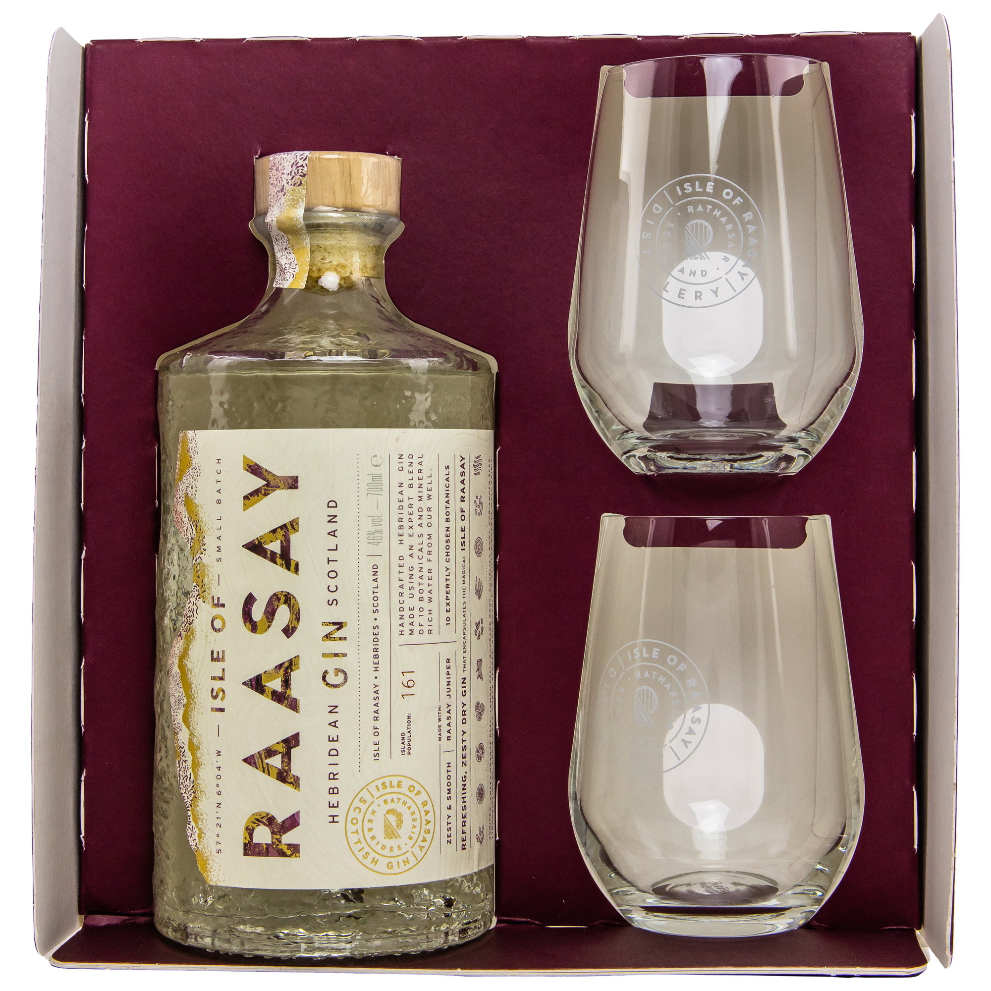 Isle of Raasay Hebridean Gin Scottish Dry Gin 46,4% vol in Geschenkbox mit 2 gravierten Tumbler-Gläsern