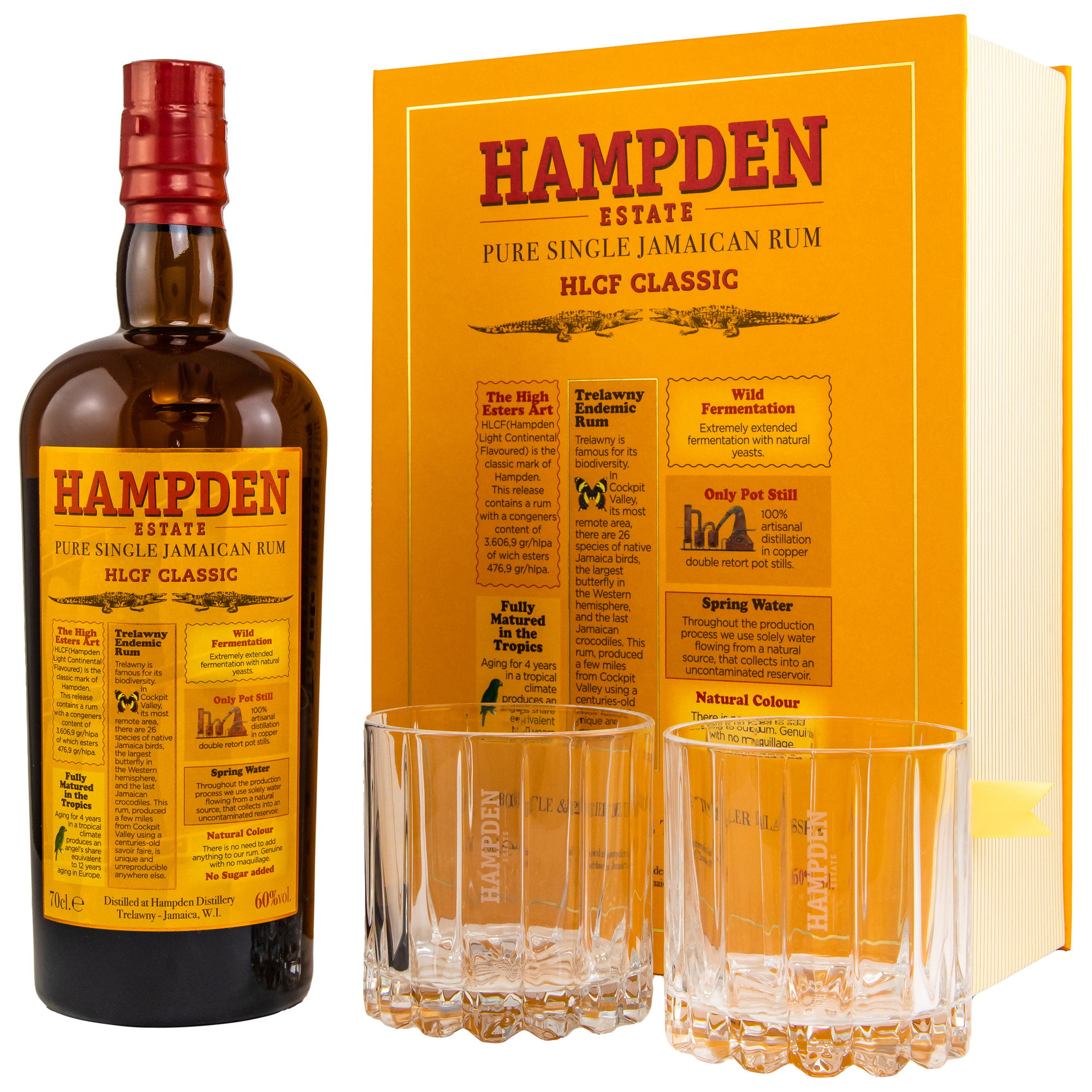 Hampden Estate Pure Single Jamaican Rum HLCF Classic 60% Vol. in 0.7L-Flasche mit zwei Kristallgläsern und Informationsbox