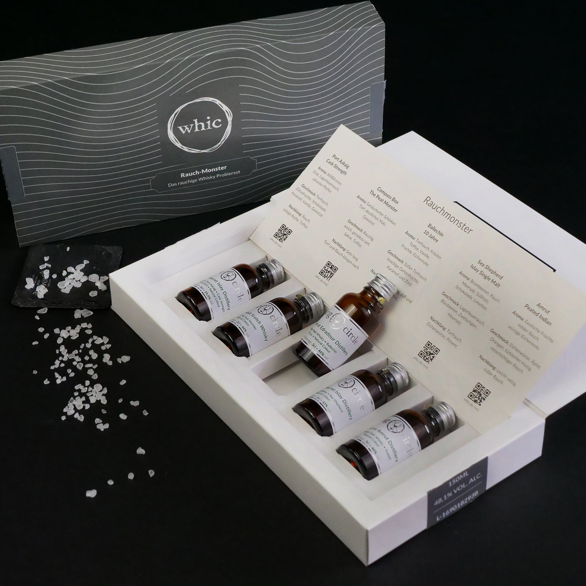 whic.de Rauch-Monster Whisky Probierset mit 5 Islay Single Malt Whisky Miniaturen in weißer Geschenkbox inkl. Tasting-Guide und Kristallsalz