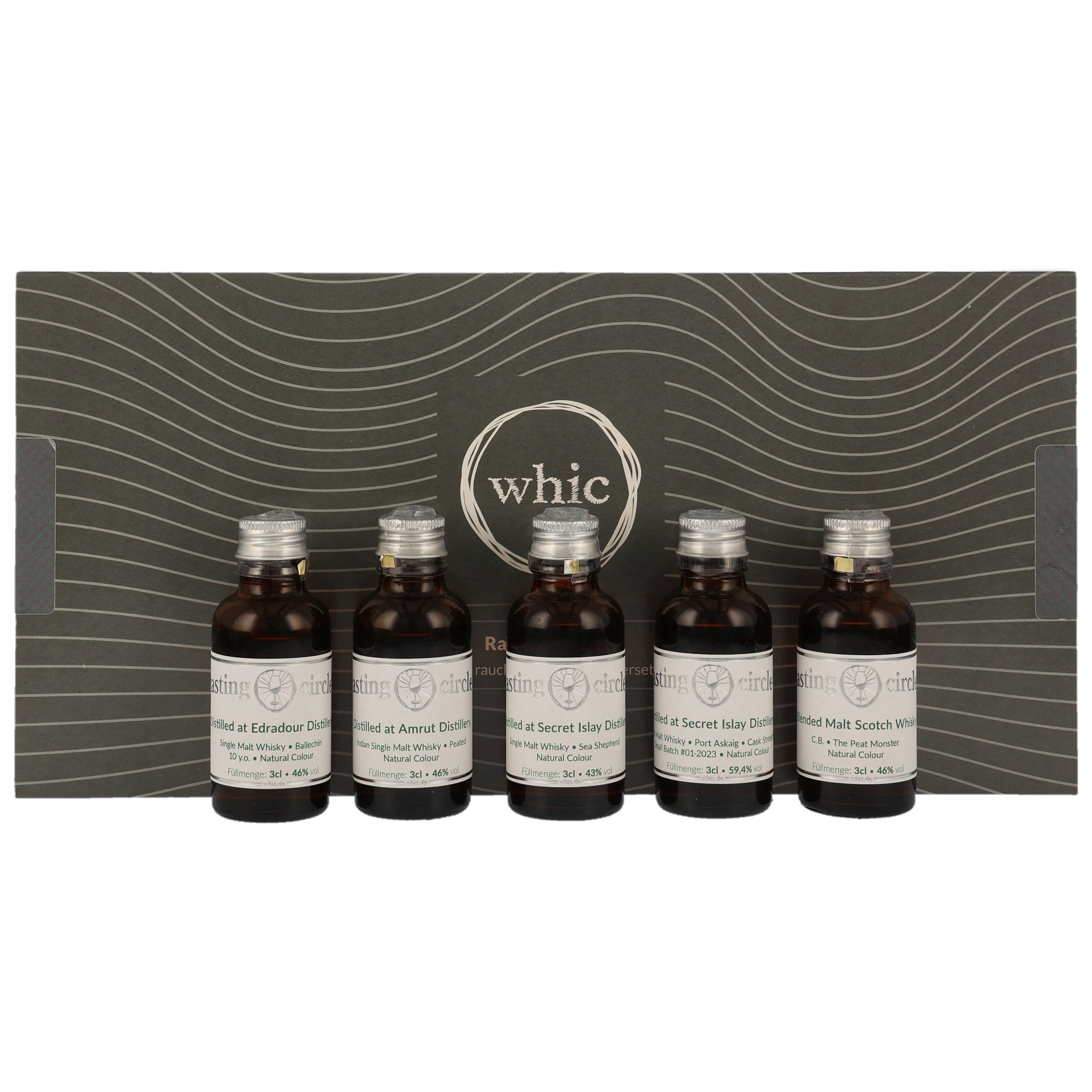 Tasting Circle Whisky-Probierset mit 5 Miniaturen: Edradour, Amrut, Secret Islay Single Malt, Port Askaiq, The Peat Monster Blended Malt Scotch Whisky