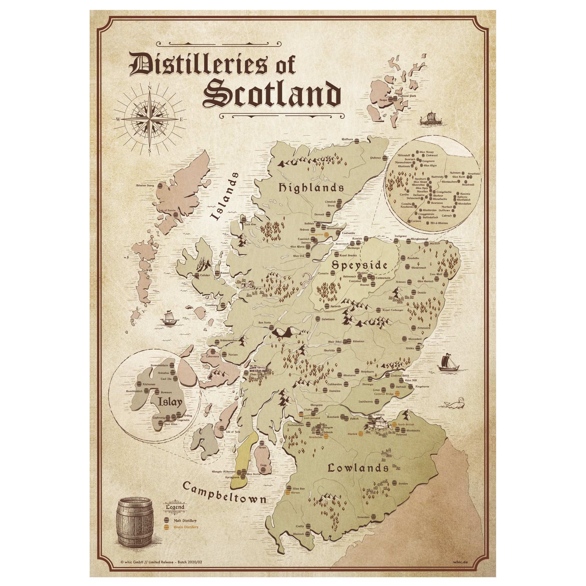 Vintage-Karte der Destillerien Schottlands mit Highlands, Speyside, Islay, Lowlands und Campbeltown Regionen, detailliert illustriert für Whisky-Enthusiasten