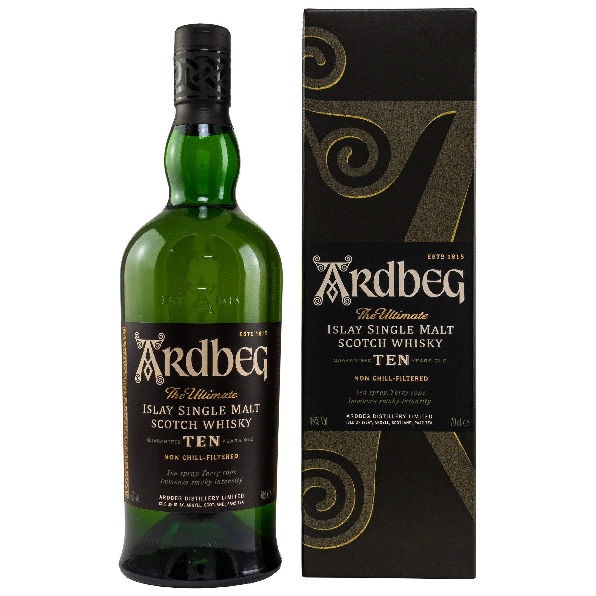 Ardbeg The Ultimate Islay Single Malt Scotch Whisky 10 Years Old 46% vol. non chill-filtered in schwarzer Premium-Verpackung