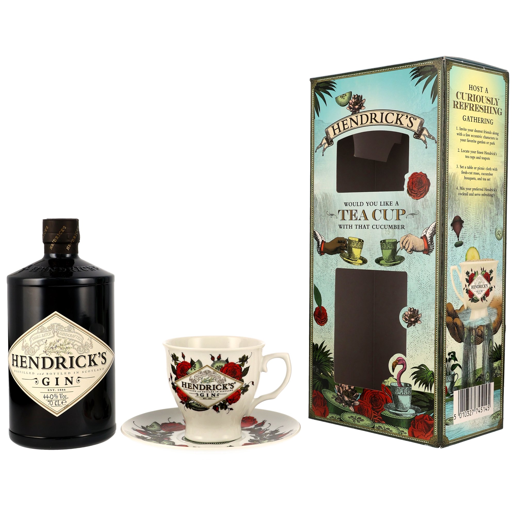 Hendrick's Gin 44% Vol. 70cl in exklusivem Tea Cup Geschenkset mit Porzellantasse und Unterteller, limitierte Verpackung