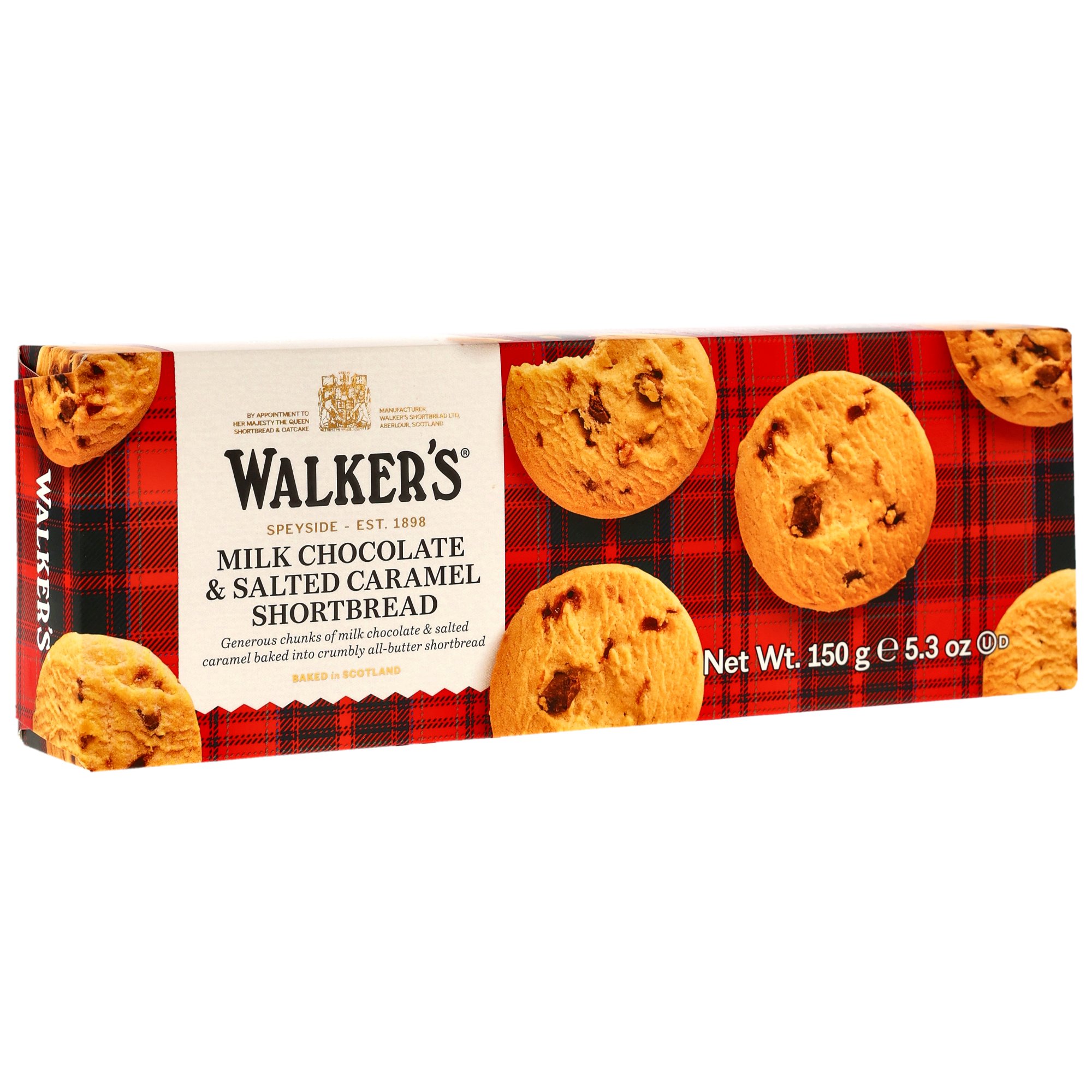 Walker’s Milk Chocolate & Salted Caramel Shortbread in rotem Karomuster-Packungsdesign, 150 g Premium-Kekse aus Schottland
