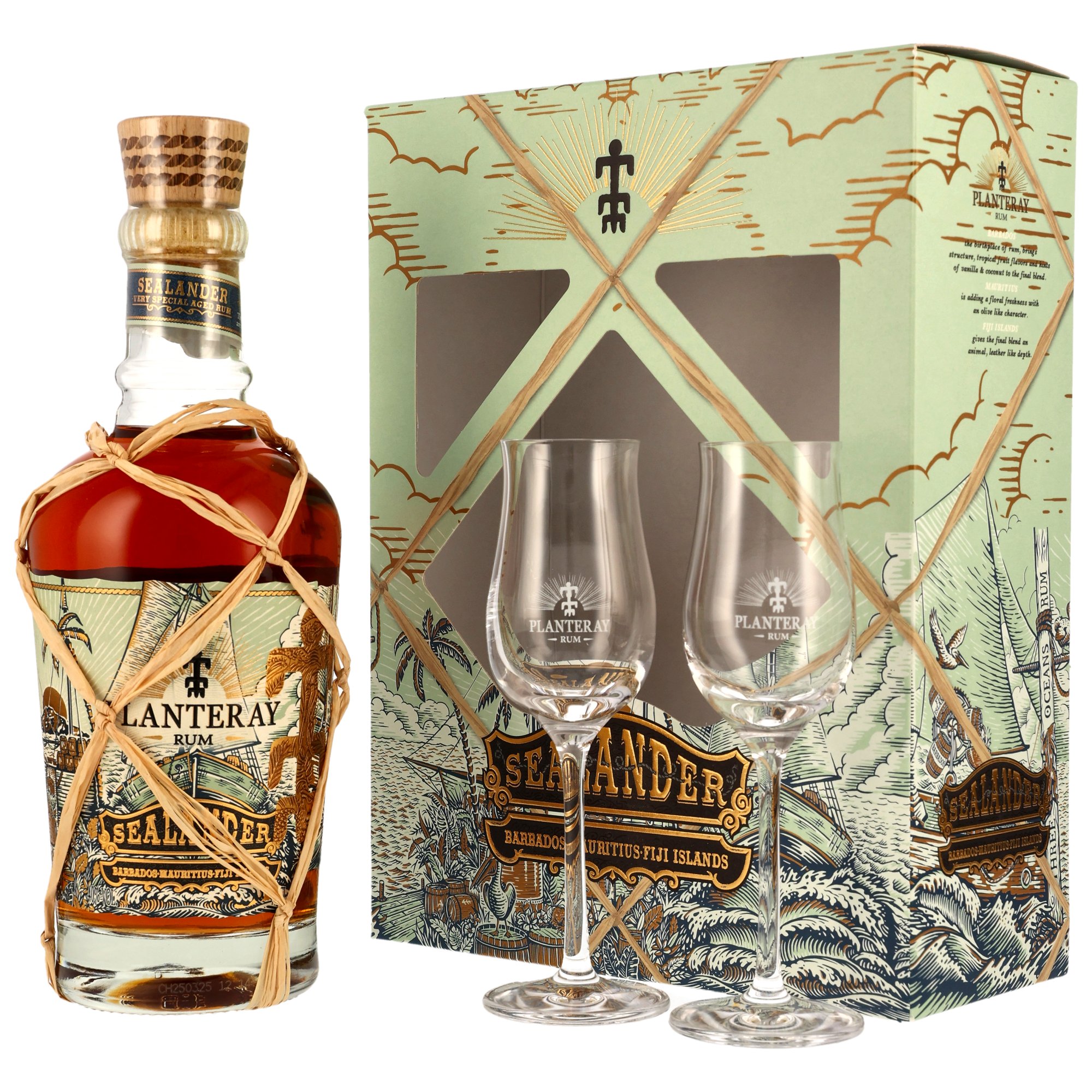 Plantation Rum Sealanders Barbados-Mauritius-Fiji Islands Edition in Geschenkbox mit 2 gravierten Tasting-Gläsern und Korkenverschluss