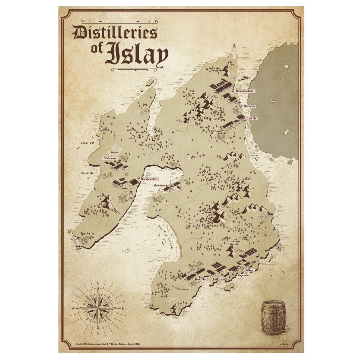 Vintage-Karte der Destillerien auf Islay mit markanten Whisky-Brennereien wie Ardbeg, Laphroaig, Bowmore und Bruichladdich, gealterter Stil