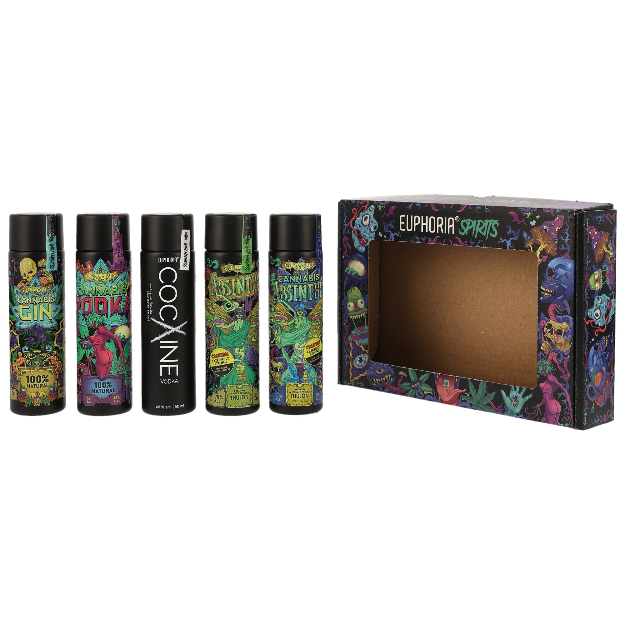 Euphoria Spirits Set mit 4 Cannabis-Aroma-Spirituosen (Gin, Vodka, Absinth 70% vol, Absinth 35 mg/kg THUJON) in illustrierter Geschenkbox