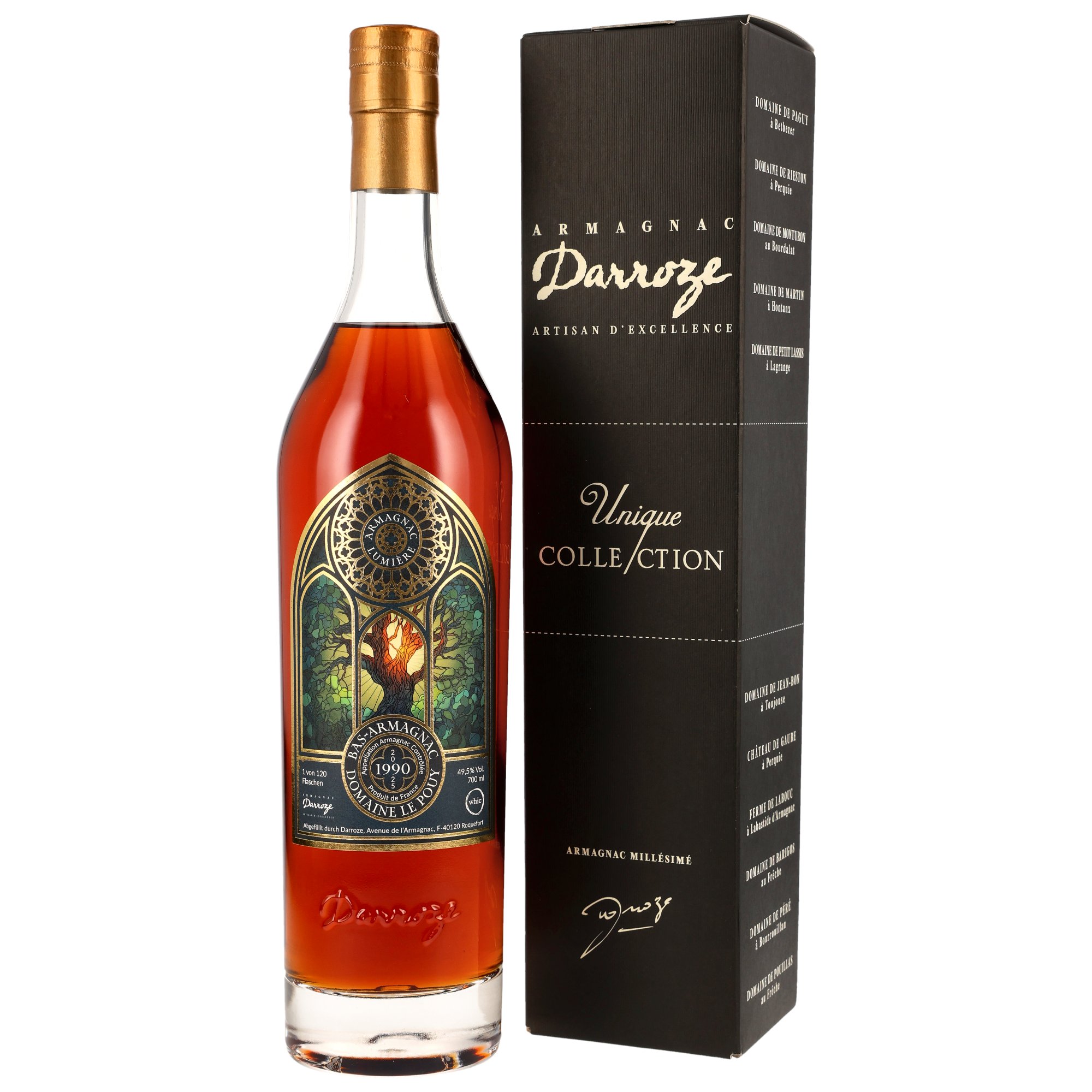 Darroze Bas-Armagnac Domaine Le Pouy 1990 Vintage 49,5% Vol. in schwarzer Unique Collection Geschenkbox mit goldener Kapsel, 700 ml Flasche