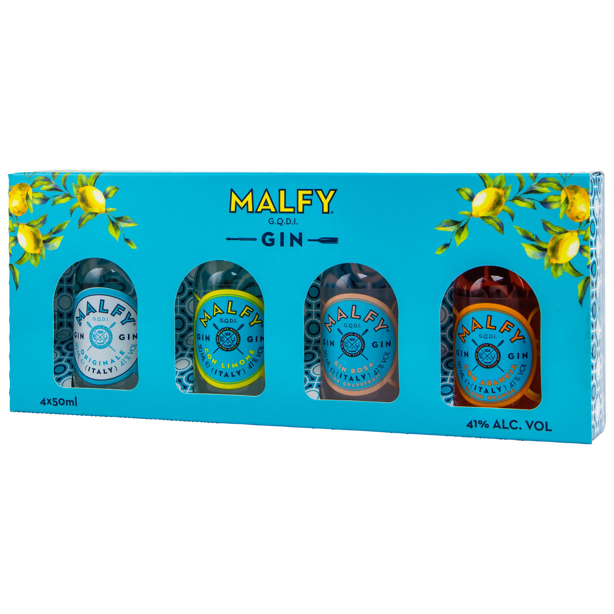 MALFY Gin Variety Pack mit 4x50ml Con Originale, Limone, Rosa und Arancia in türkiser Geschenkbox mit Zitronenmotiv