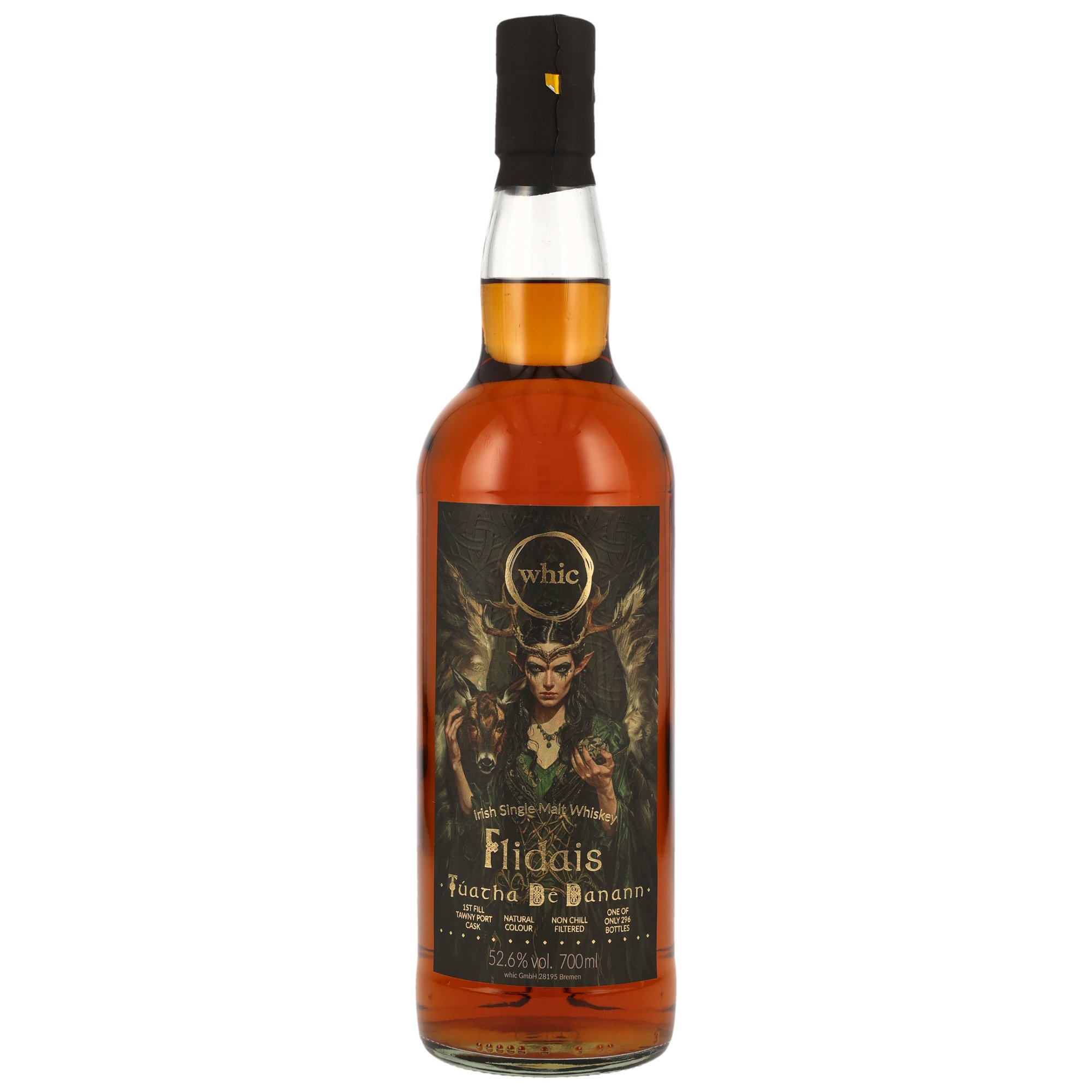 Flidais Irish Single Malt Whisky Túatha Dé Danann 1st Fill Tawny Port Cask 52,6% vol. 700ml mit mystischem Waldgeweih-Etikett