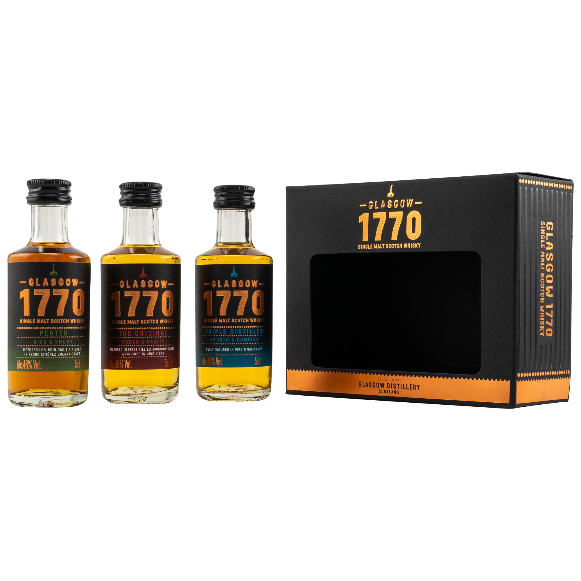 Glasgow Distillery 1770 Single Malt Scotch Whisky Set mit 3 Varianten: Peated, The Original, Triple Distilled in schwarzer Geschenkbox