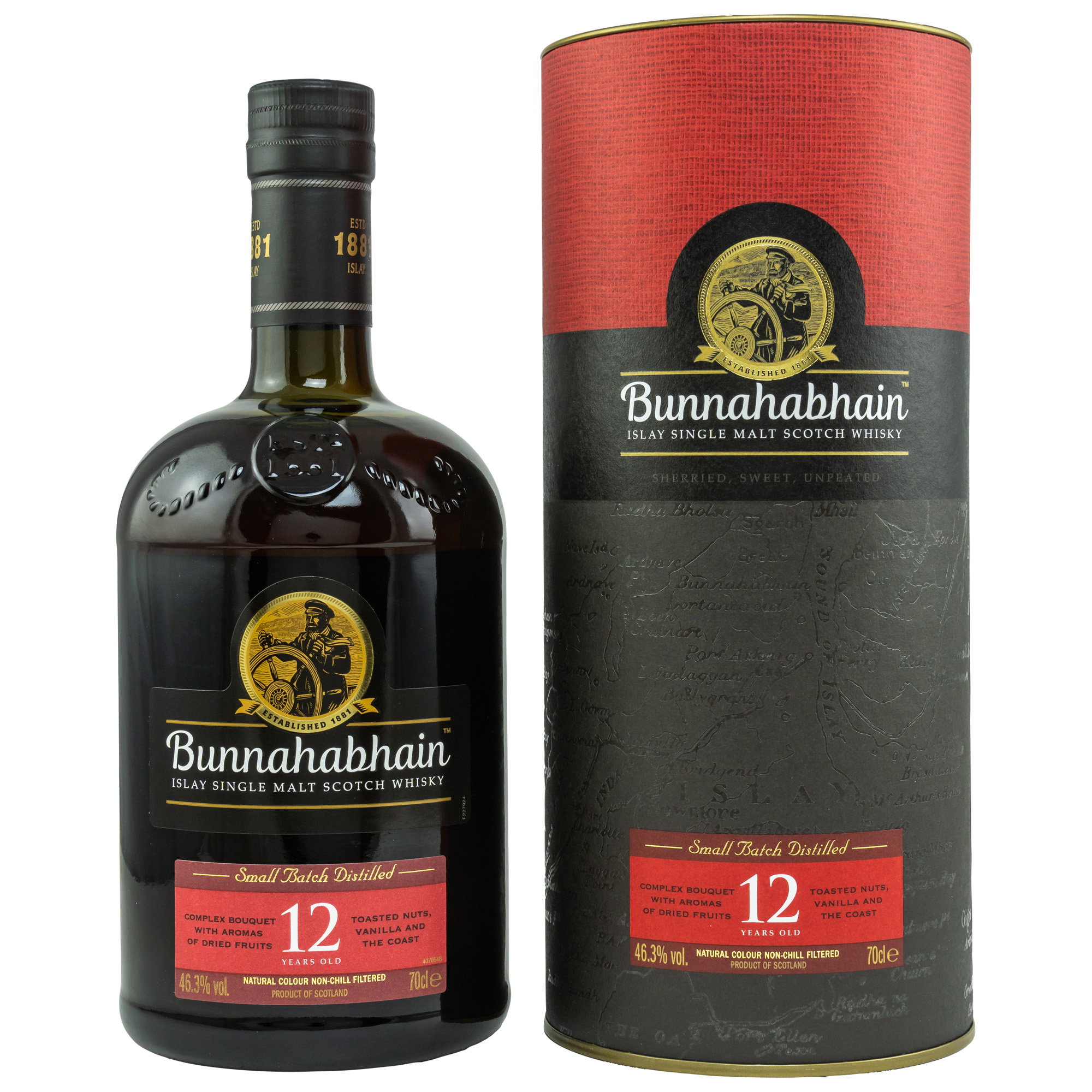Bunnahabhain 12 Years Old Islay Single Malt Scotch Whisky Small Batch Distilled in schwarzer Premium-Tube mit 46,3% vol.