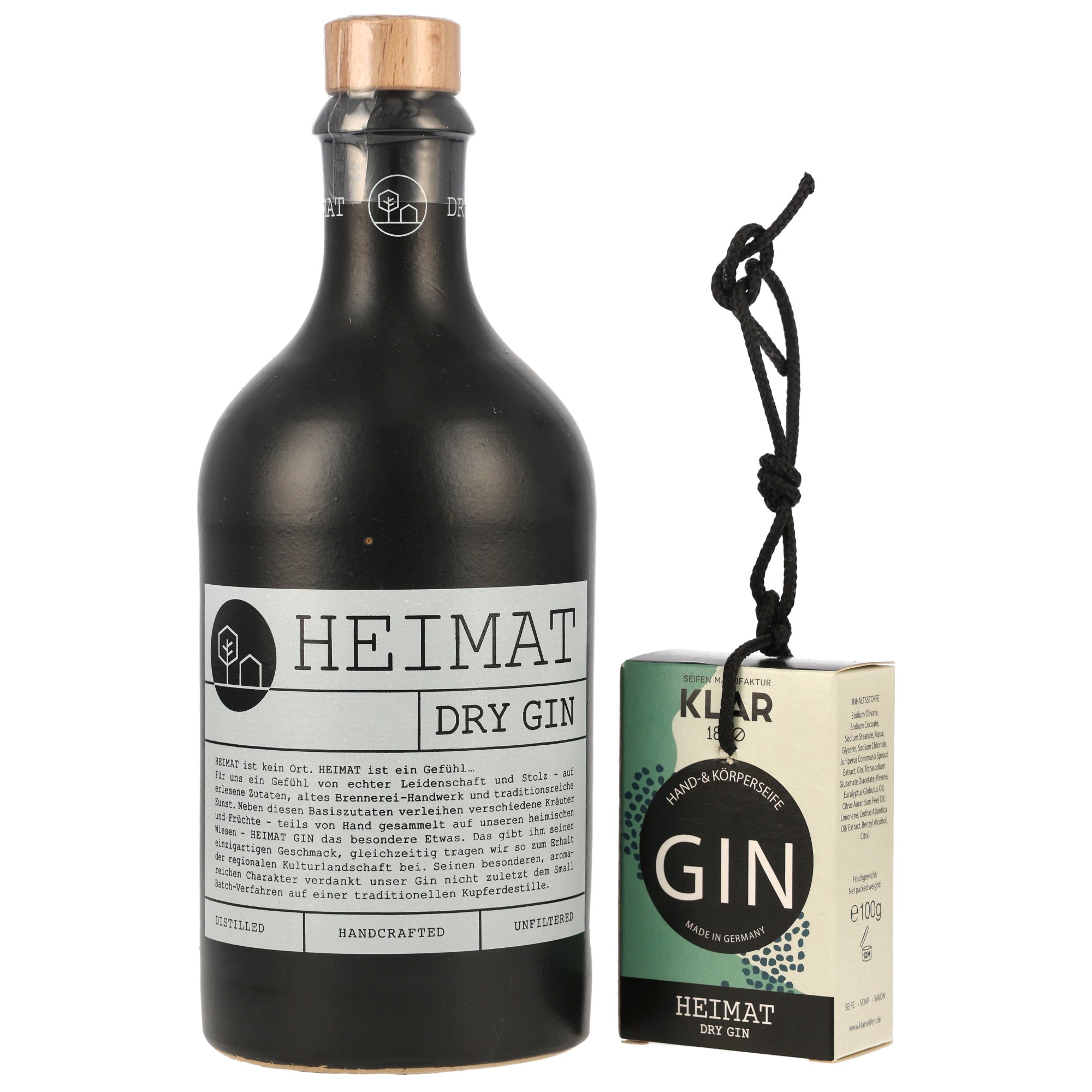 Heimat Klar Dry Gin 43% vol. in schwarzer Handcrafted-Flasche mit Korken und 100g-Jute-Beutel Hand- & Körperseife