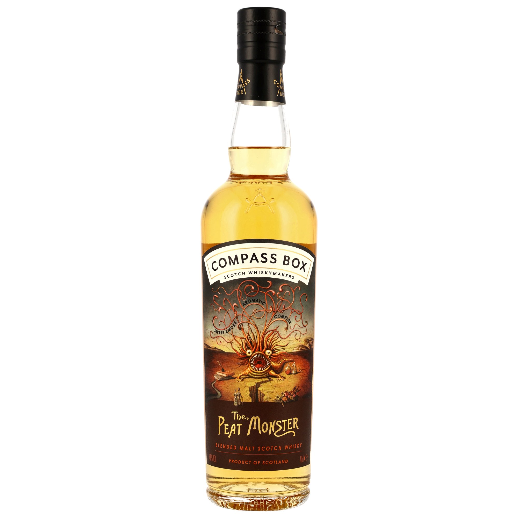 Compass Box The Peat Monster Blended Malt Scotch Whisky mit 46% Vol. und surrealem Etikettendesign, 700ml