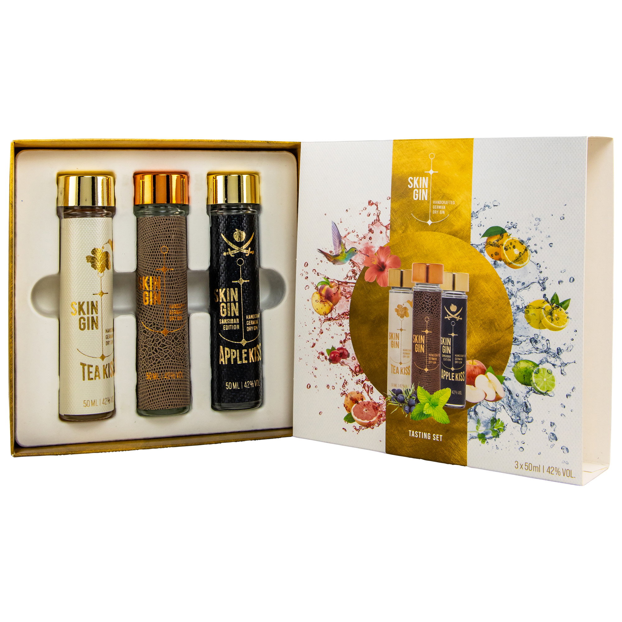 Skin Gin Tasting Set mit Tea Kiss, Sansibar Edition und Apple Kiss in Premium-Geschenkbox, 3x 50ml handcrafted German Dry Gin à 42% Vol.