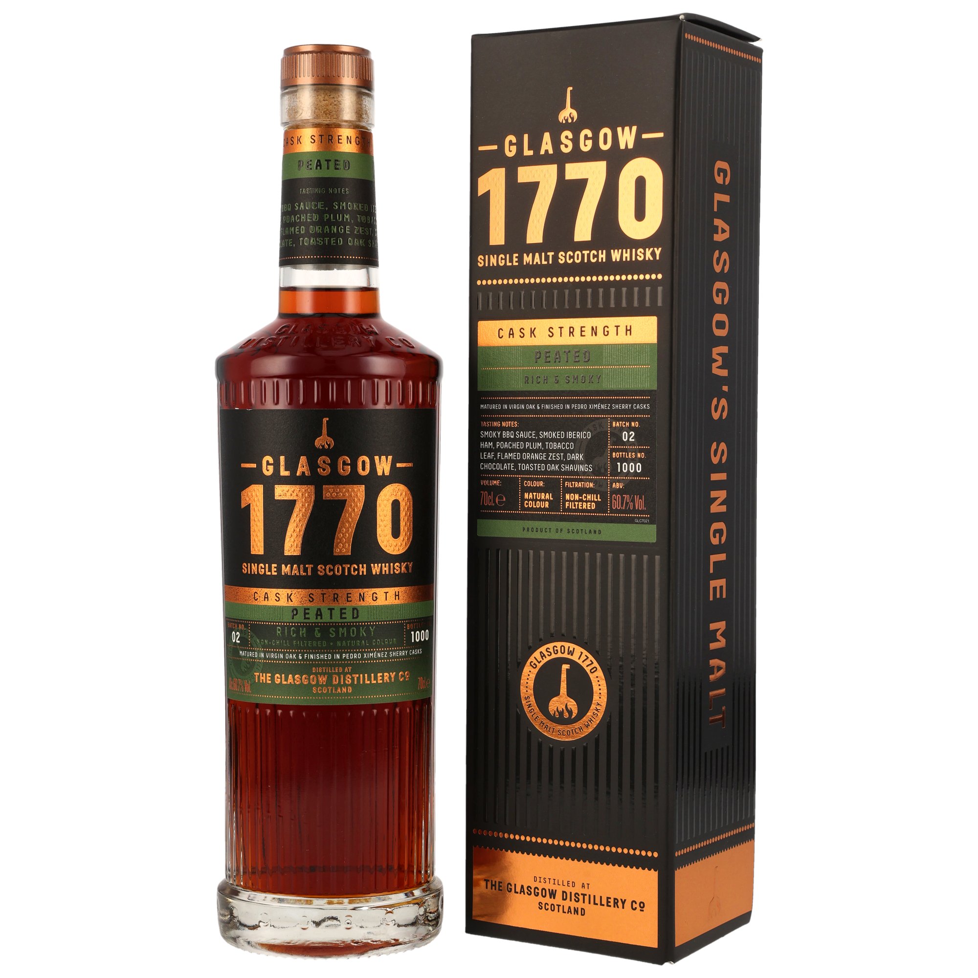 Glasgow 1770 Cask Strength Peated Single Malt Scotch Whisky 60,7% in 0,7-Liter-Flasche mit Originalverpackung