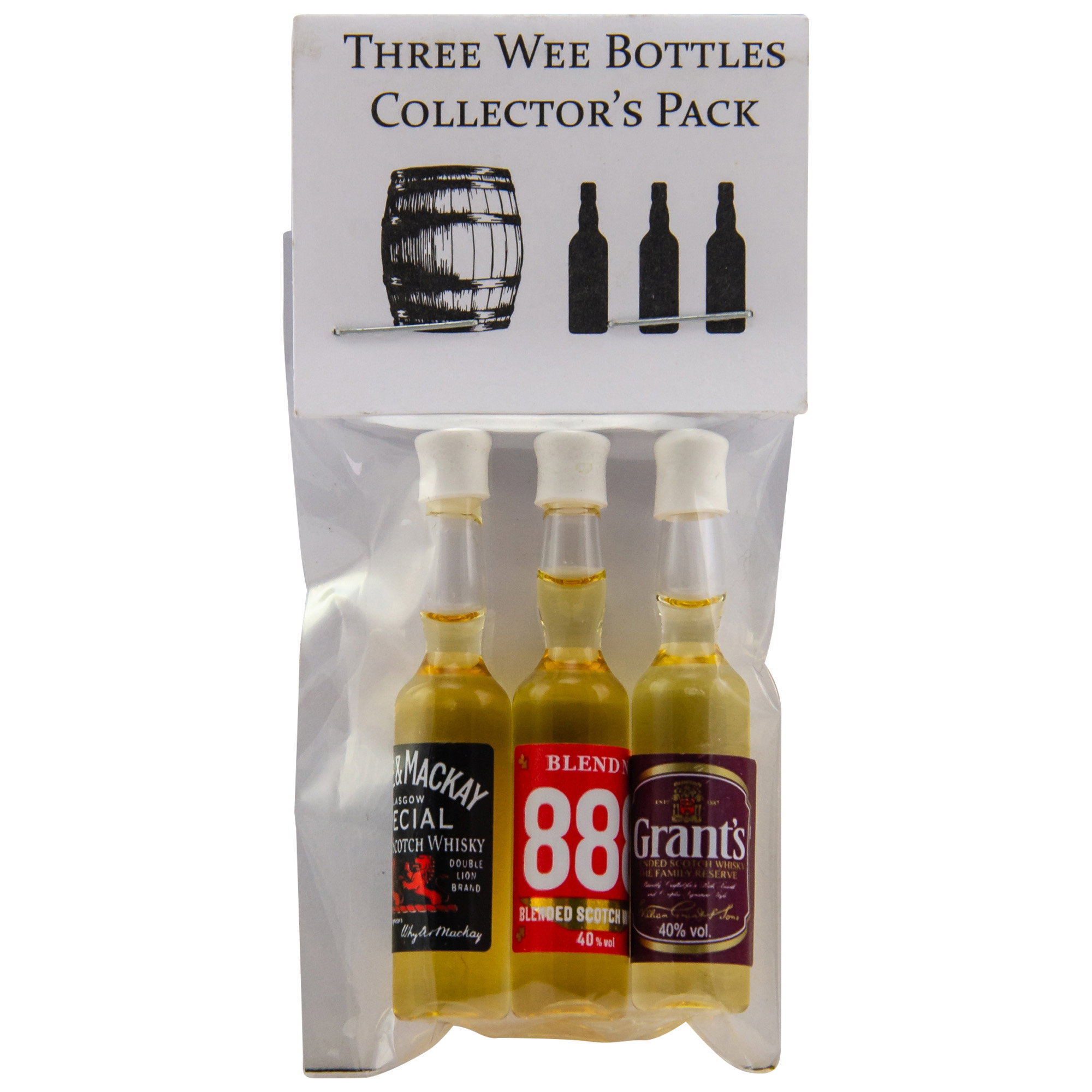 Three Wee Bottles Collector’s Pack mit MacKay Special Blended Scotch Whisky, Blendy 88 Blended Scotch Whisky 40% vol. und Grant’s Blended Scotch Whisky 40% vol. in transparenter Sammelverpackung