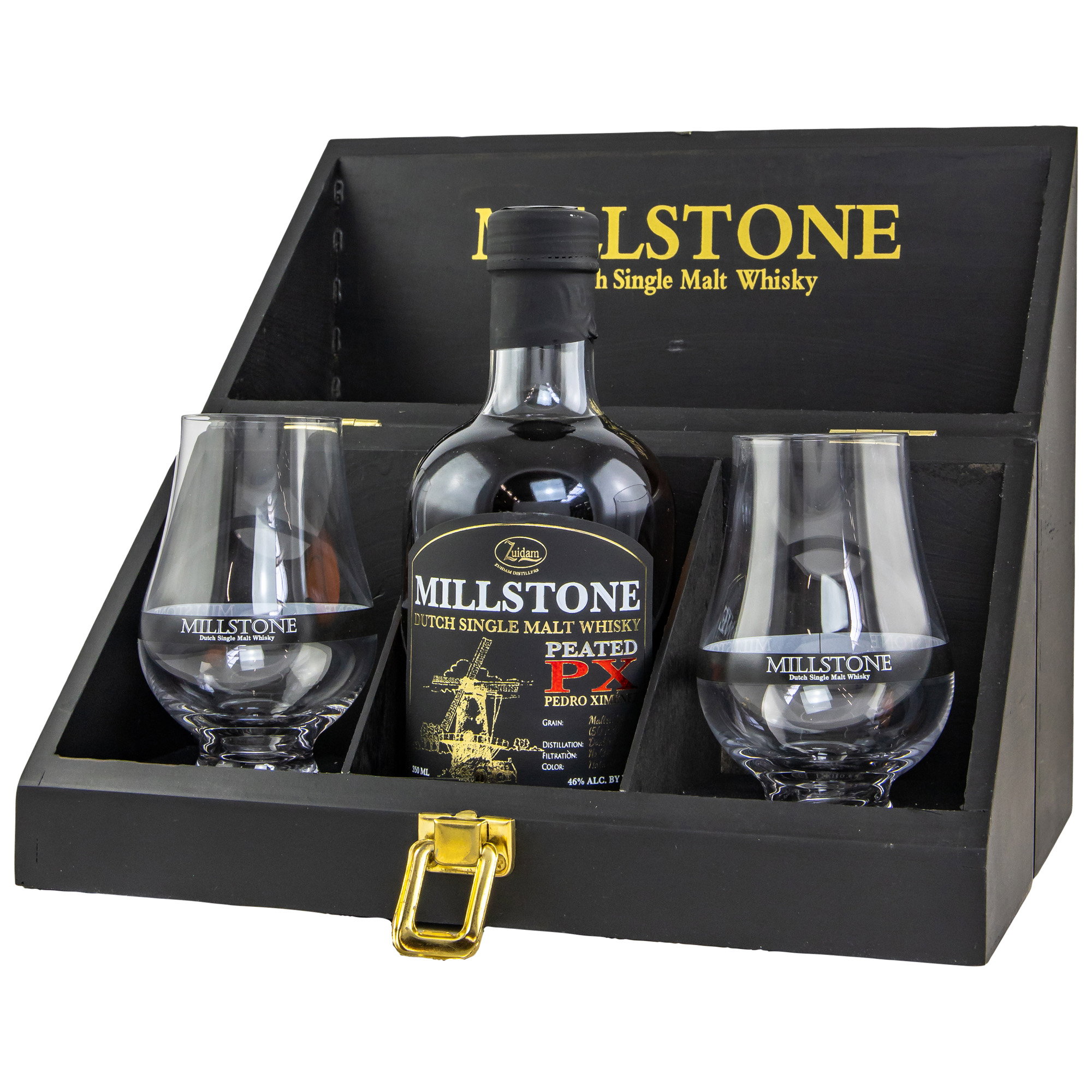 Millstone Dutch Single Malt Whisky Peated PX Pedro Ximénez 46% vol. in schwarzer Geschenkbox mit 2 Tasting-Gläsern