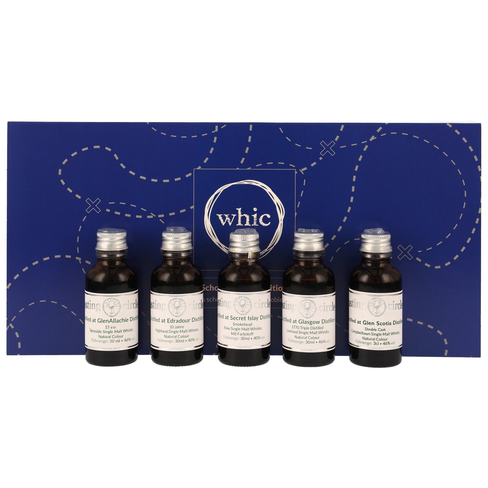 Tasting Circle Whisky-Set mit 5 Single Malt Whiskys aus GlenAllachie, Edradour, Secret Islay, Glasgow Distillery und Glen Scotia, 30ml Miniaturen 40-46% vol
