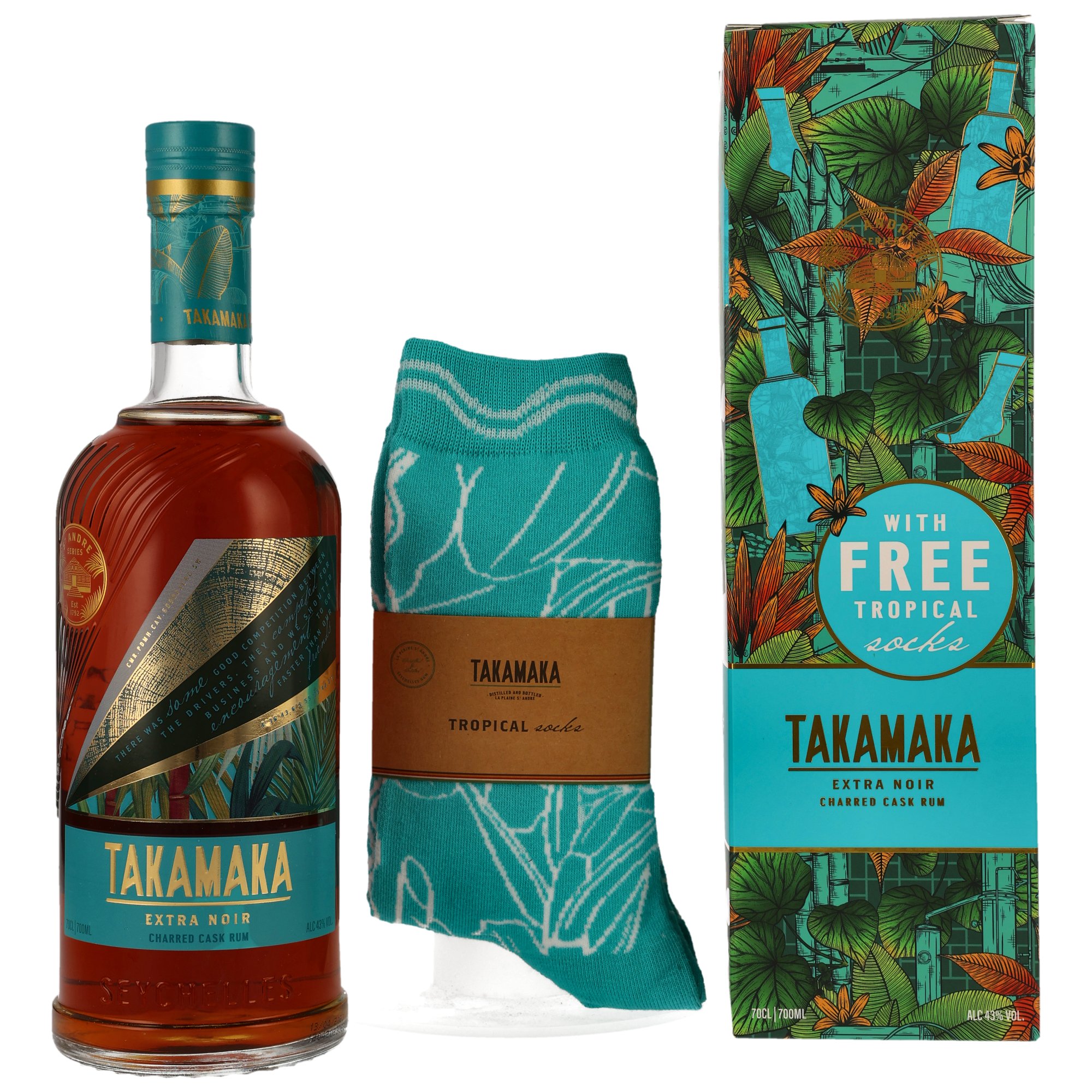 Takamaka Extra Noir Charred Cask Rum 43% Vol. mit gratis tropischen Socken in exotischer Geschenkverpackung