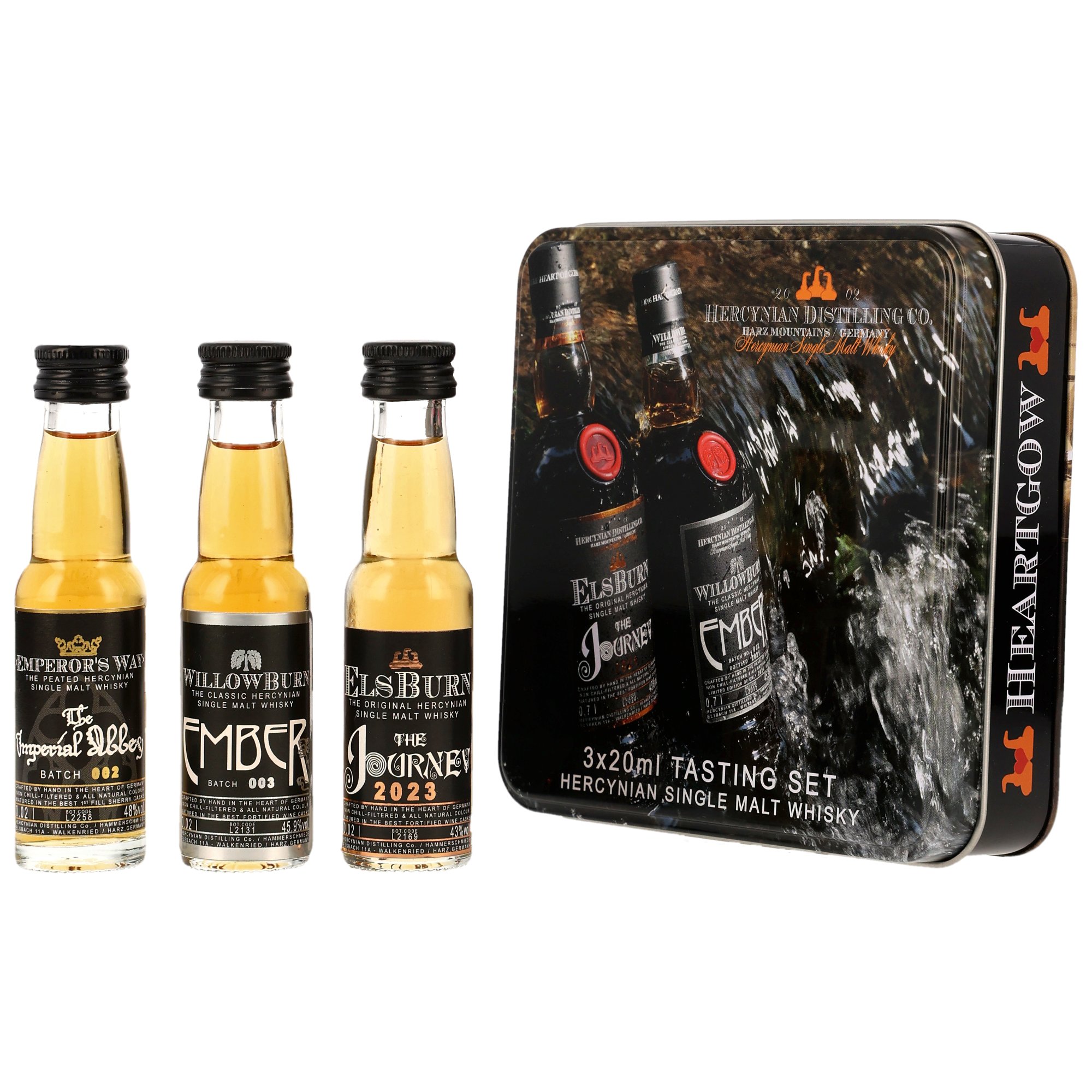 Hercynian Single Malt Whisky Tasting Set mit drei 20ml Flaschen: Elsburn The Journey 2023, Willowburn Amber und Emperor's Way Batch 002 in dekorativer Metallbox.