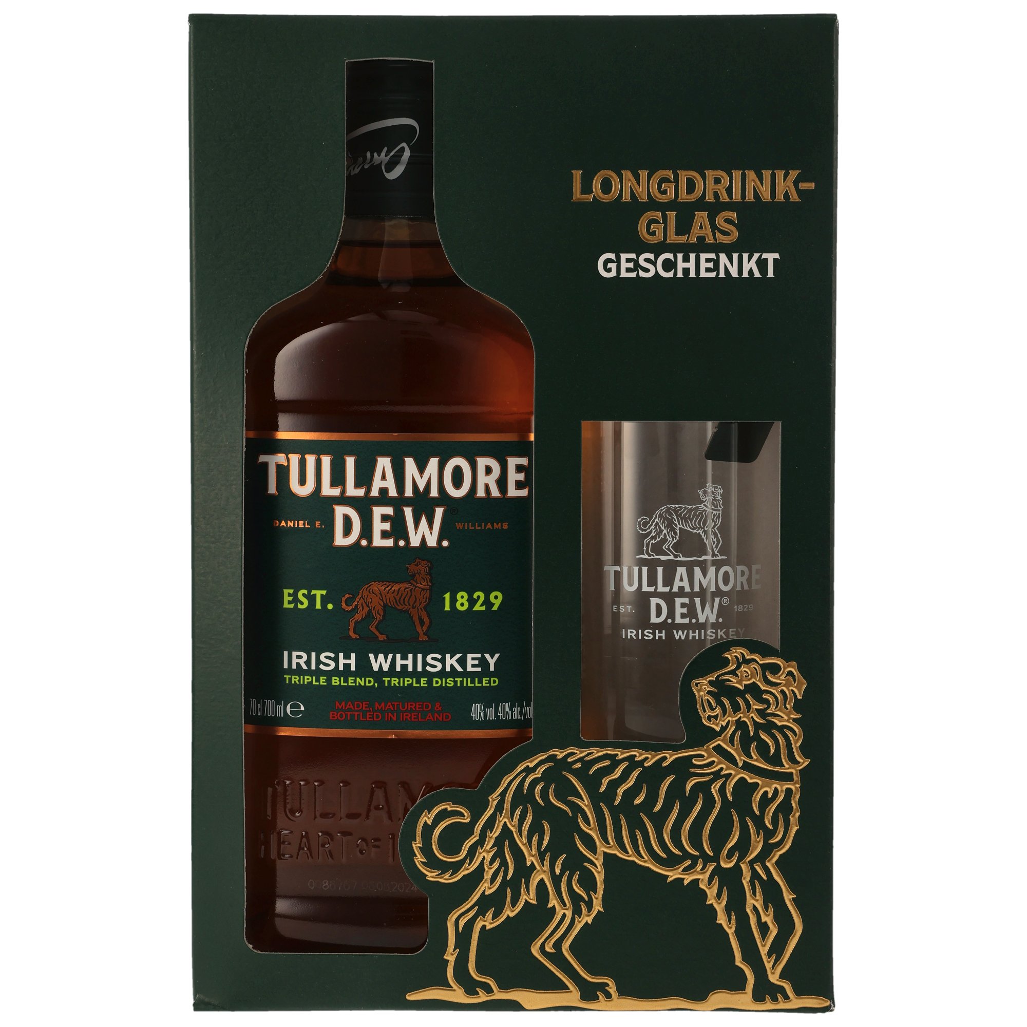 Tullamore D.E.W. Irish Whiskey Triple Blend 1829 mit Longdrink-Glas als Geschenkset in dunkler Premium-Verpackung mit goldener Löwenprägung, 700 ml, 40% vol.