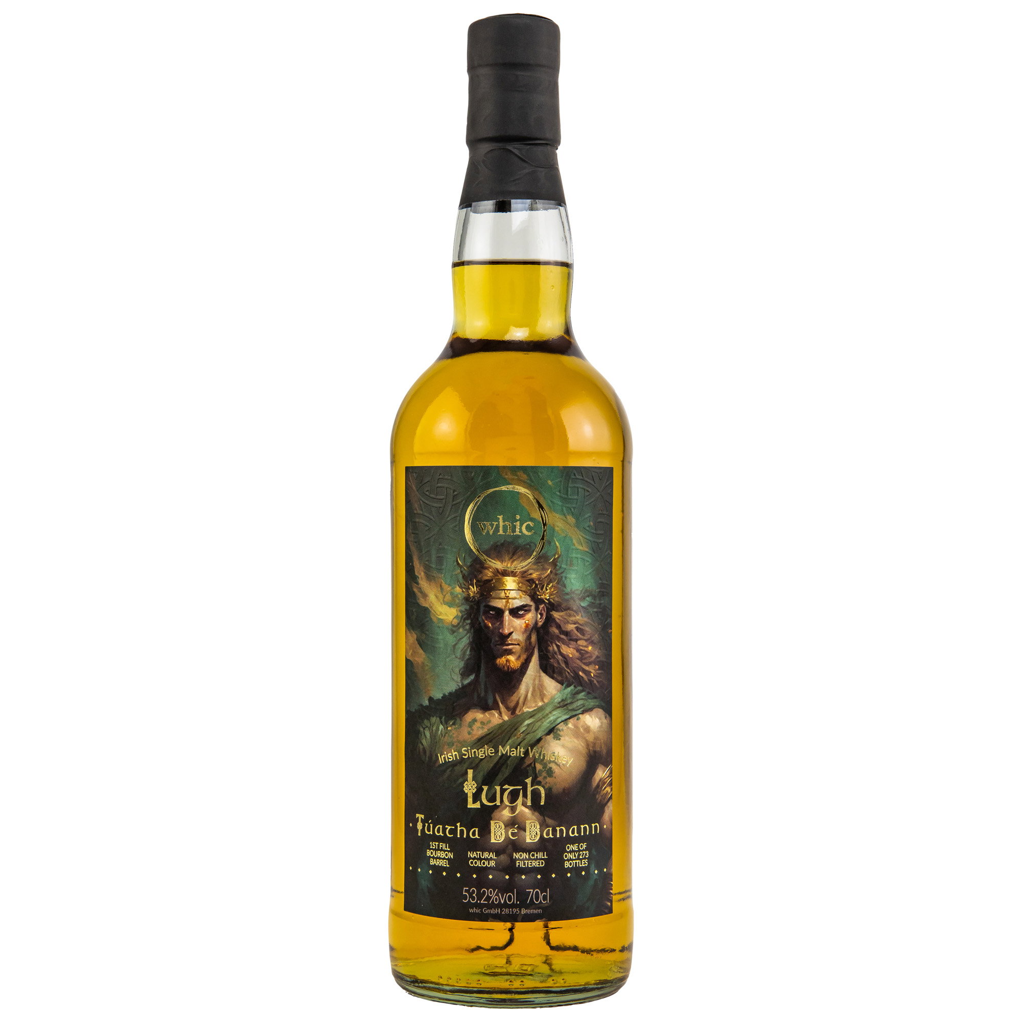 Whic Lugh Irish Single Malt Whisky Túatha Bé Banann 53,2% vol. 0,7l mit keltischem Motiv-Etikett und Naturkorken