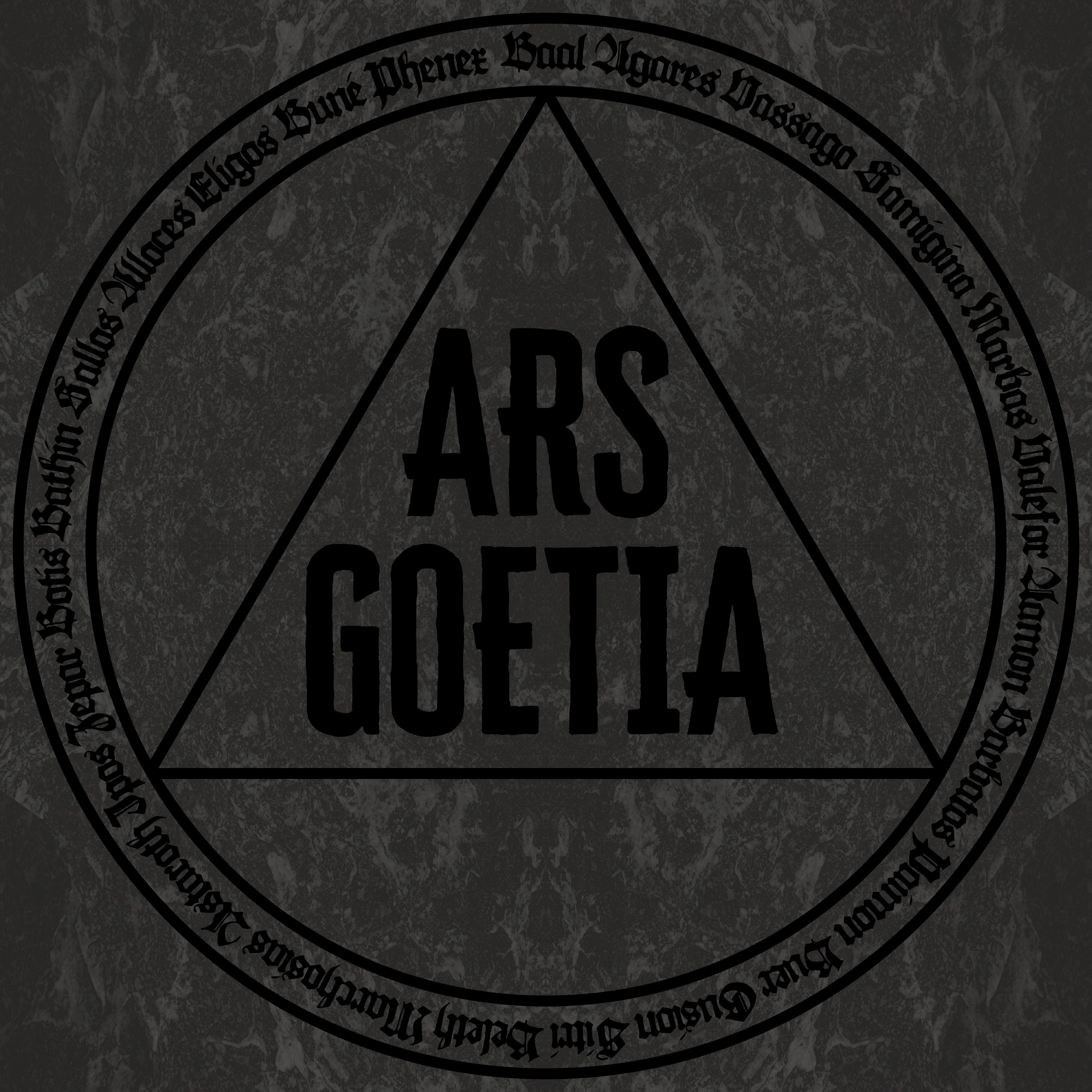 Ars Goetia okkultes Emblem mit Dreieck und lateinischen Spirituosenbezeichnungen im mystischen Design